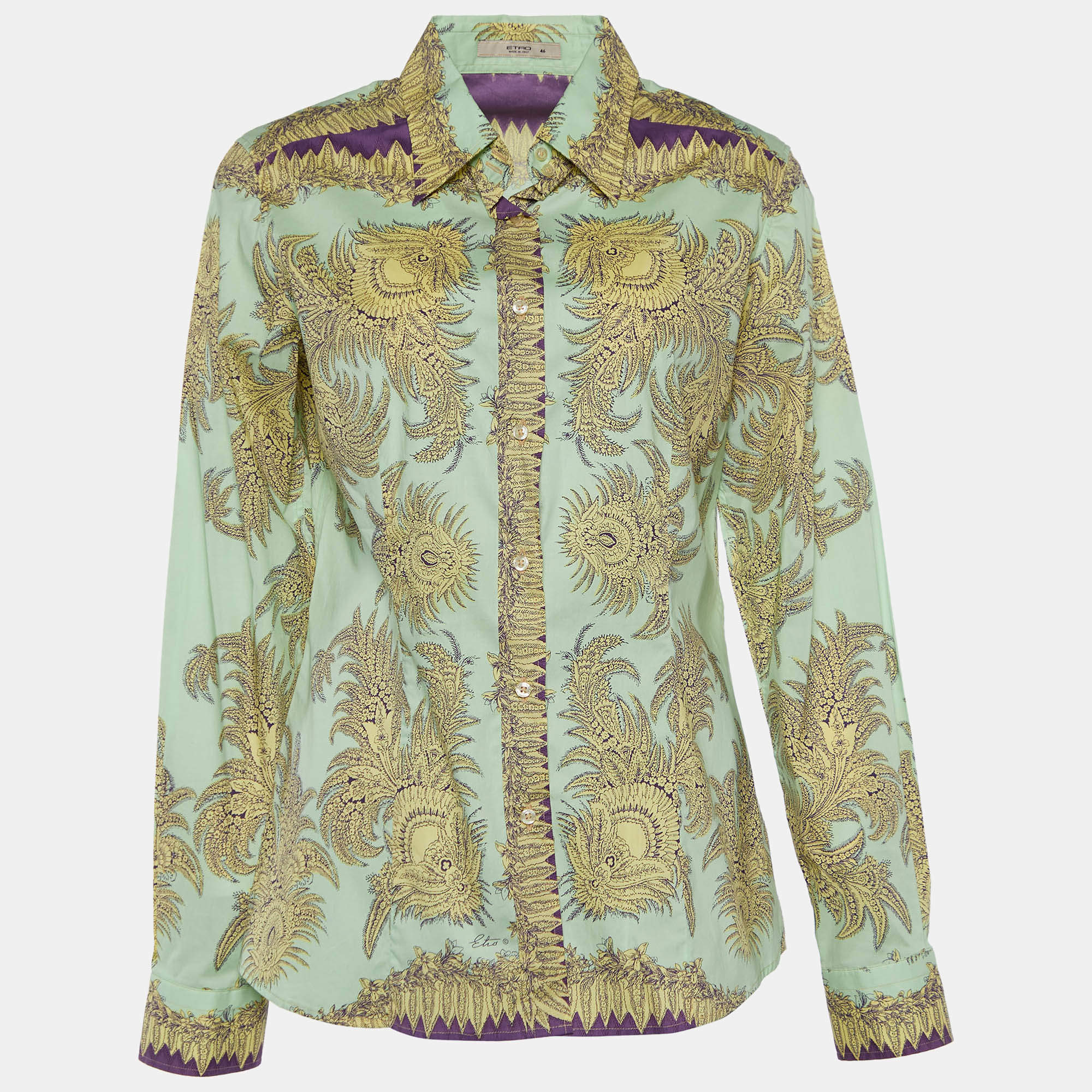 مملوكة مسبقًا قميص إيترو قطن ستريتش نقشة زهور أخضر فاتح أزرار أمامية مقاس كبير