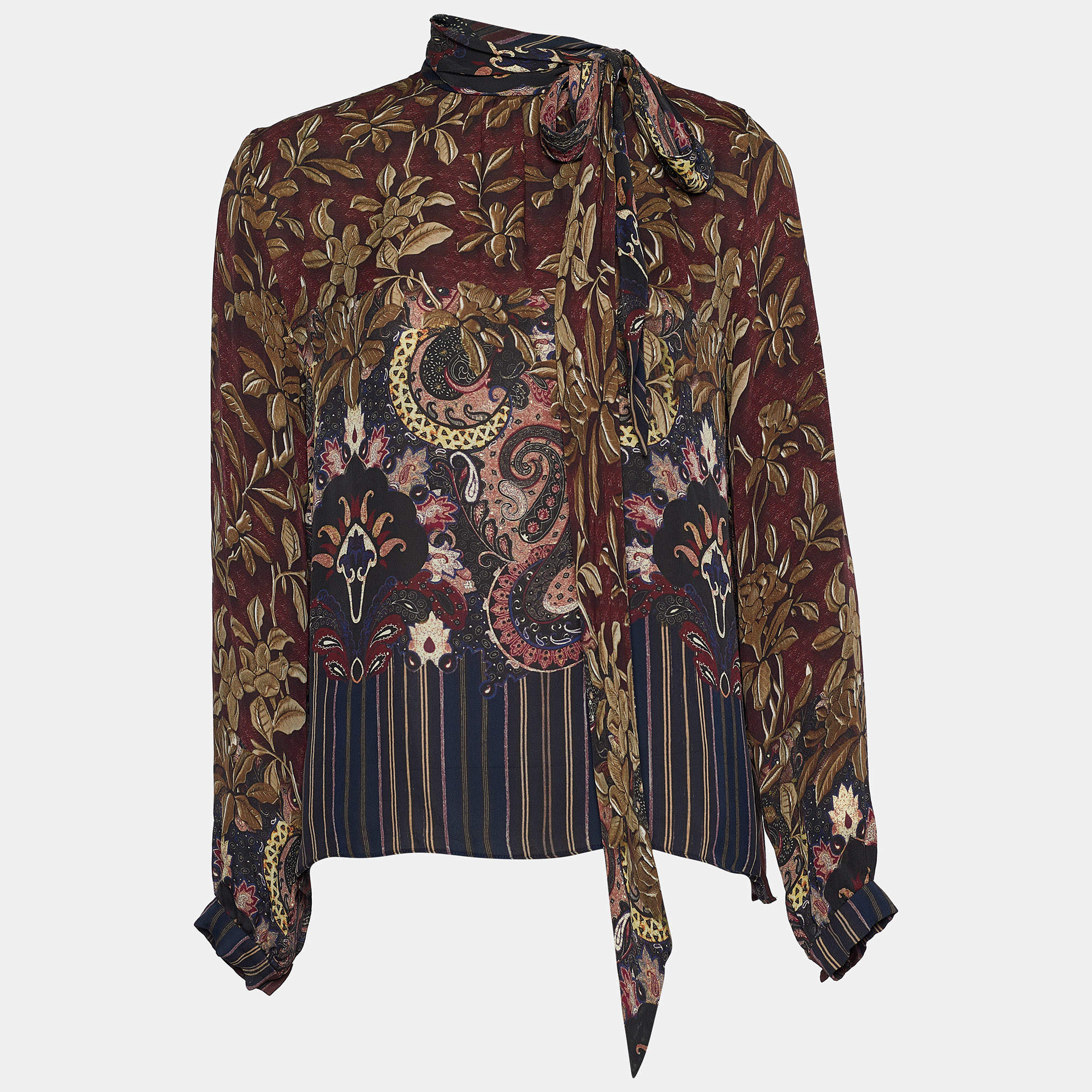 مملوكة مسبقًا Etro Maroon Floral Paisley Print Silk Tie Neck Blouse S