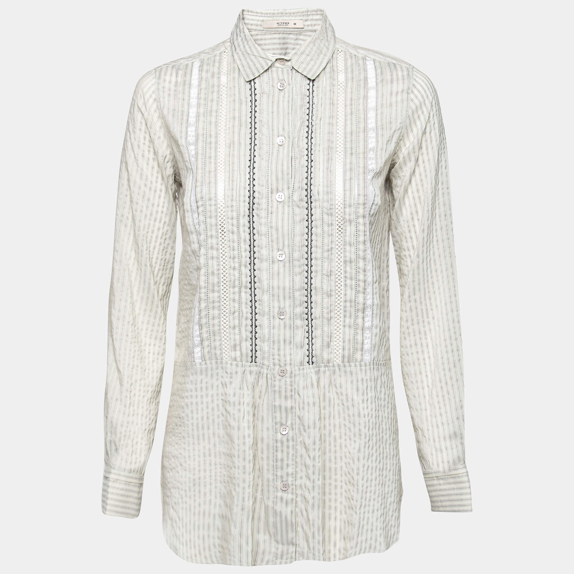 Etro Grey Cotton & Lace Trimmed Long Sleeve Button Front Blouse S