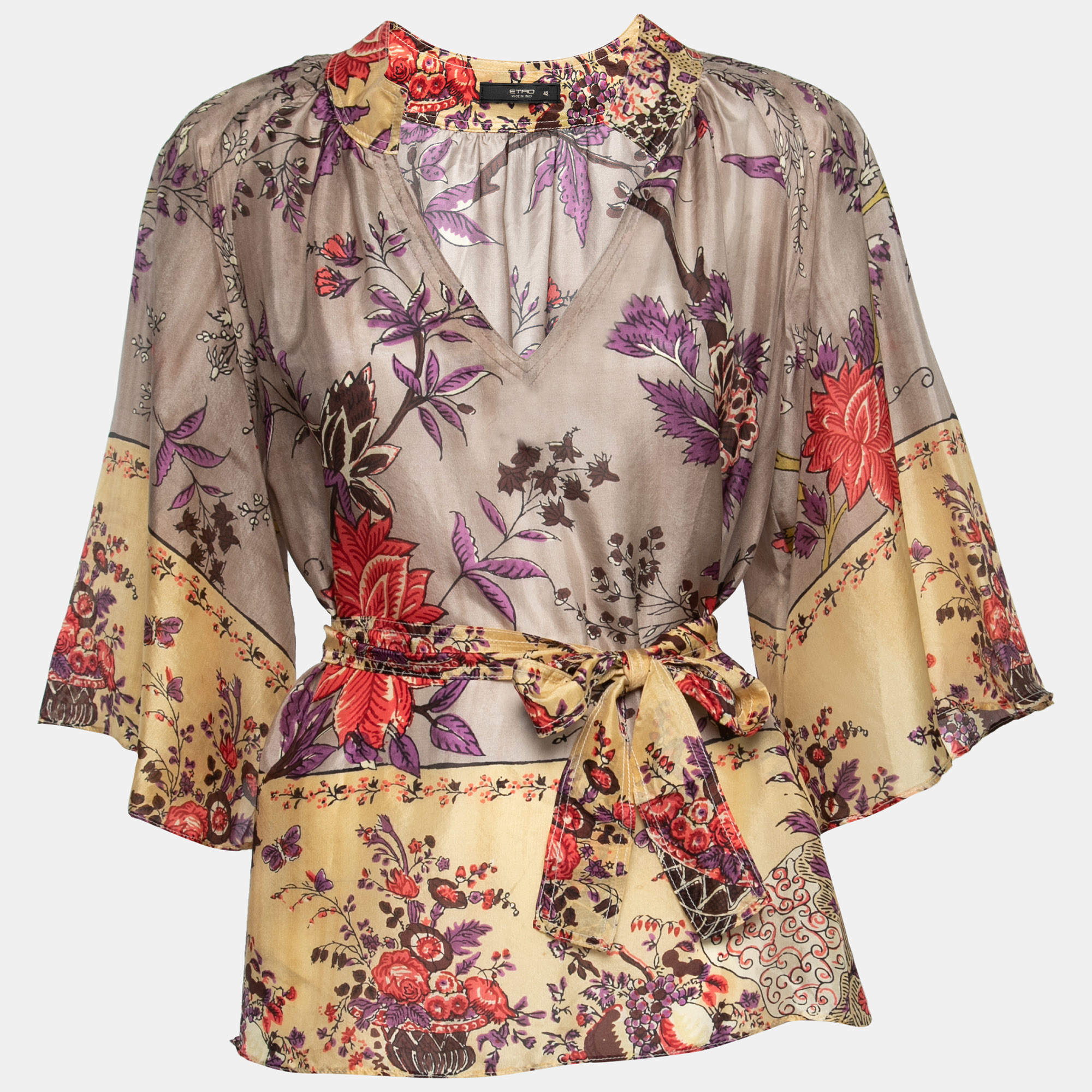مملوكة مسبقًا Etro Multicolor Floral Printed Silk Belted Sheer Top M