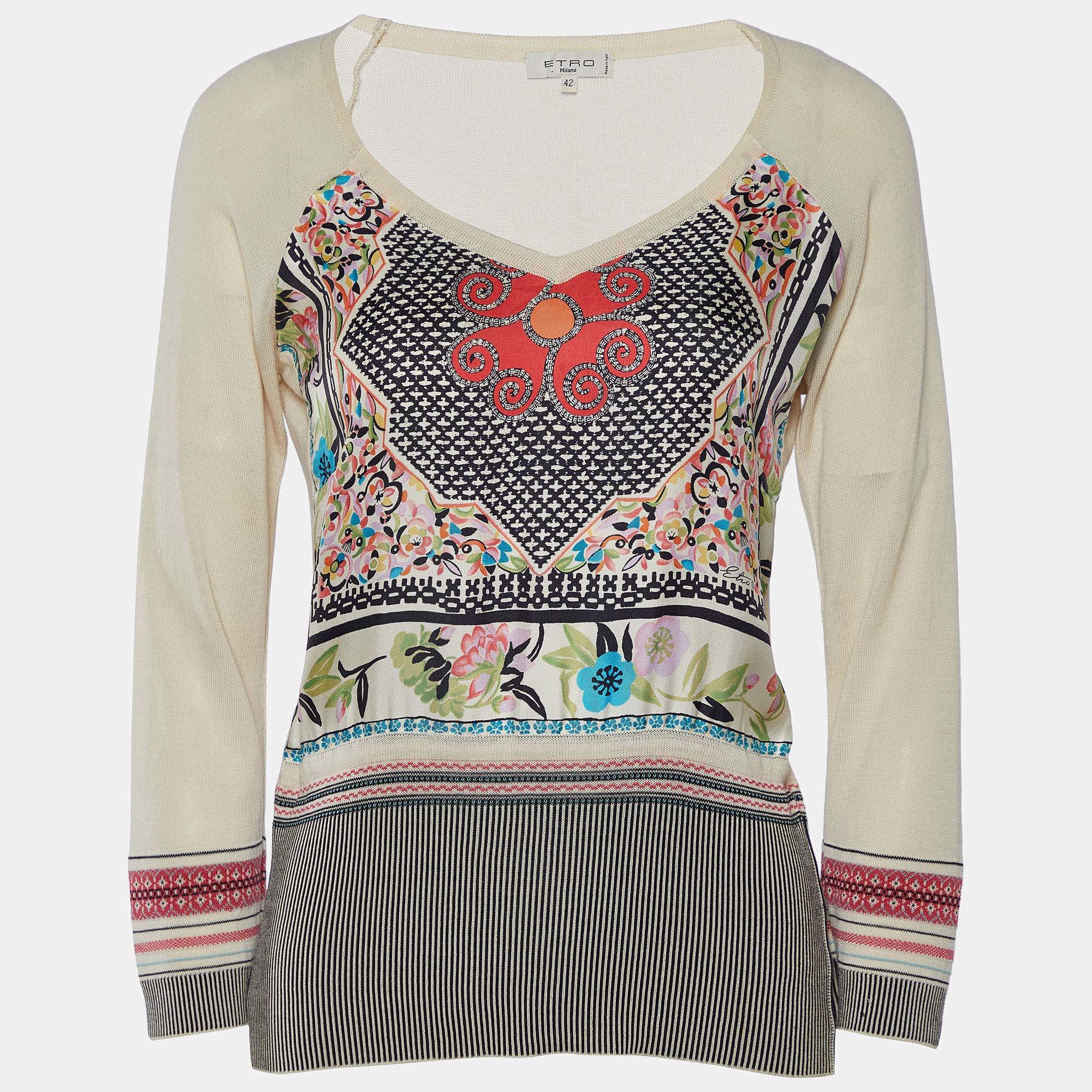 Pre Owned Etro Cream Printed Cotton Knit & Silk Paneled Sweater M