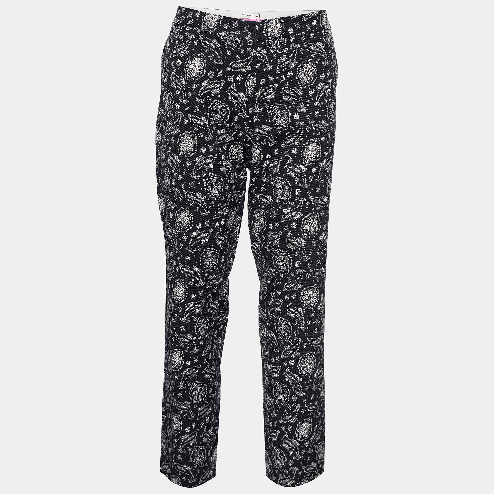 Pre Owned Etro Black Paisley Print Ribbed Tapered Pants L