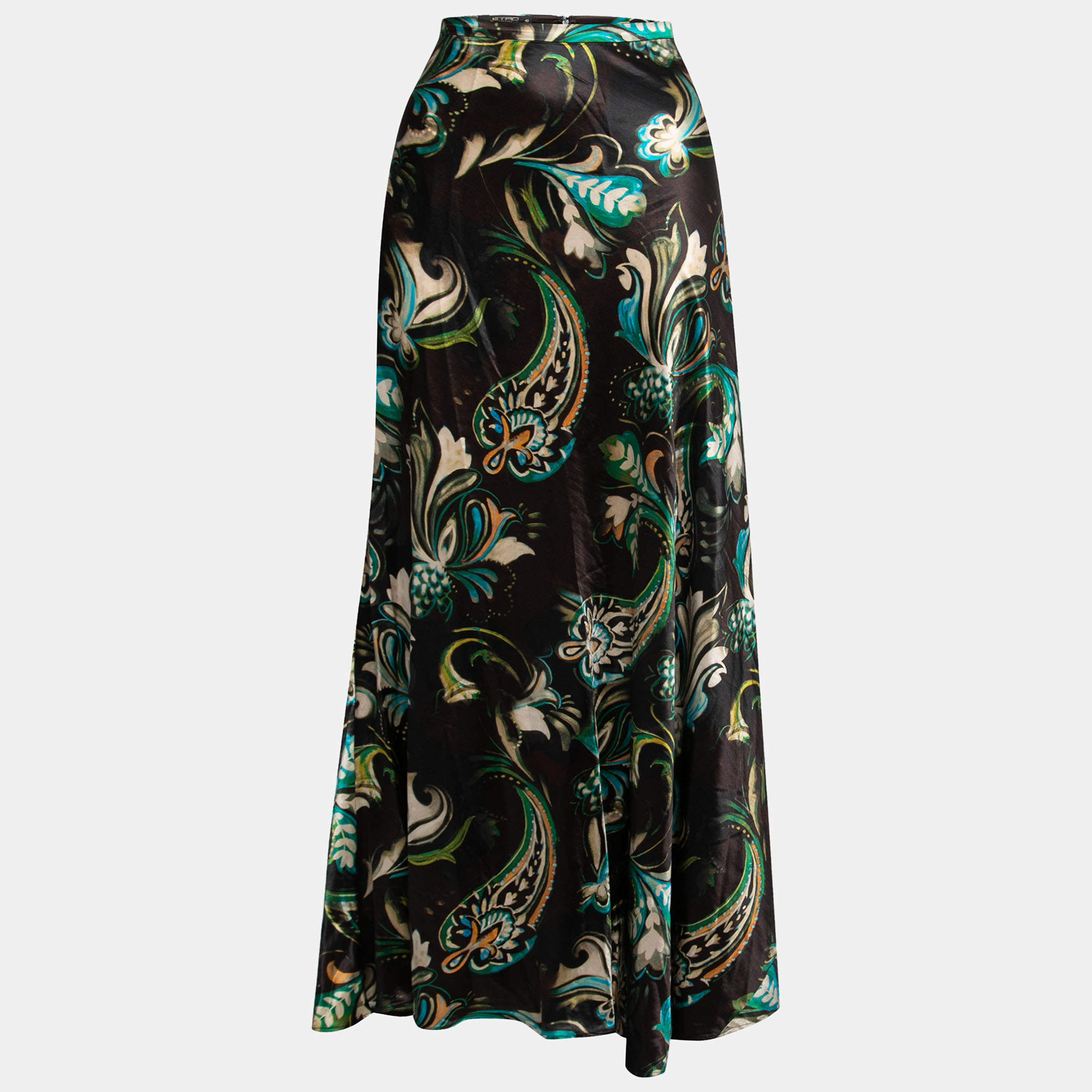 Pre Owned Etro Brown Paisley Printed Silk Maxi Skirt S
