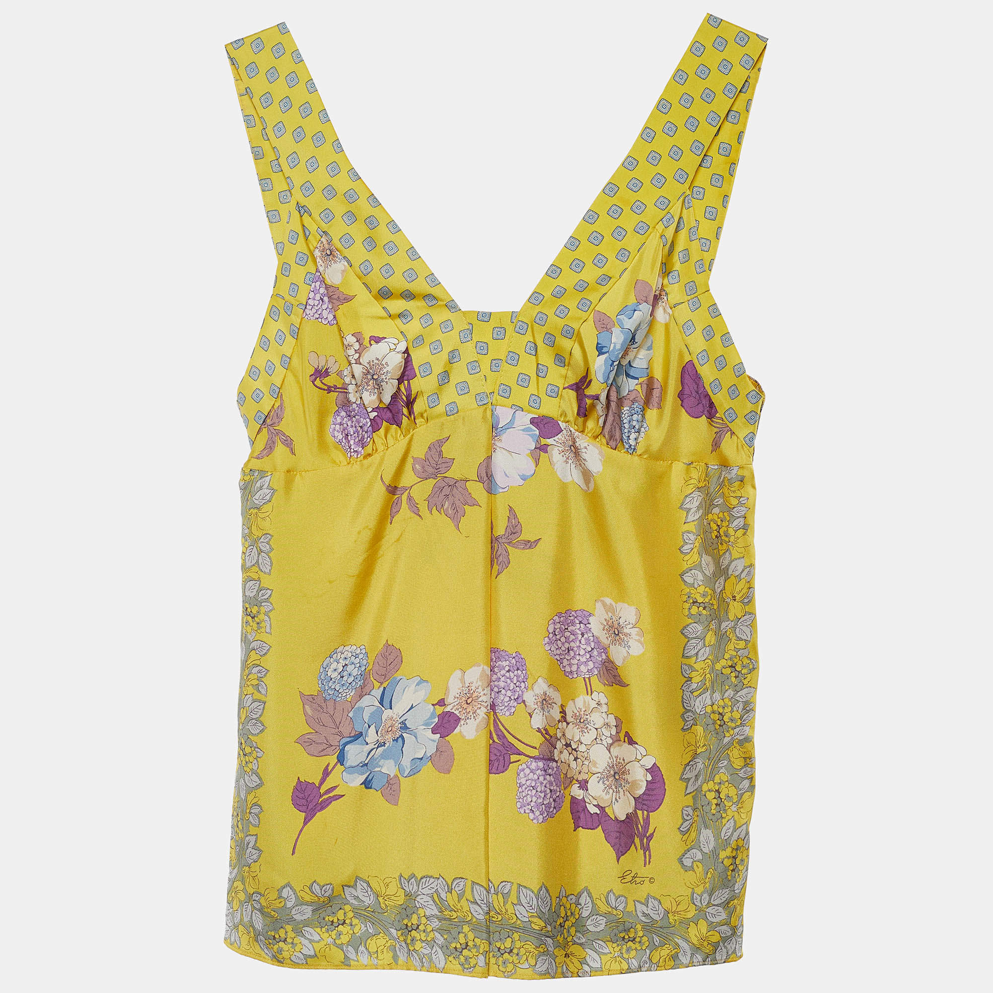 Pre Owned Etro Yellow Floral Print Silk Sleeveless Blouse L