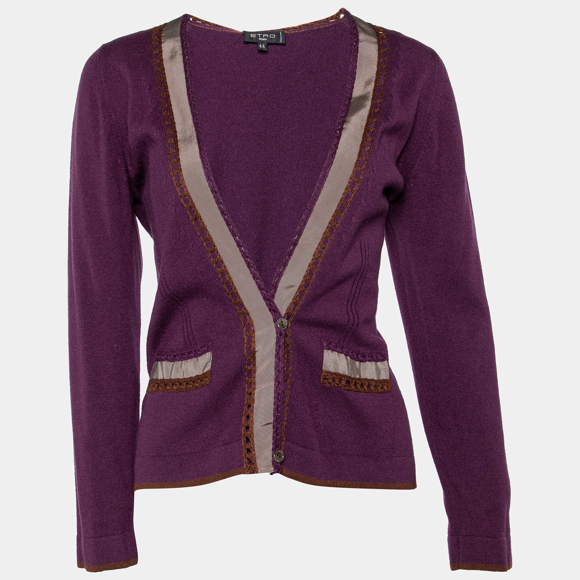 Pre Owned Etro Purple Wool Blend Crochet Detail Cardigan M