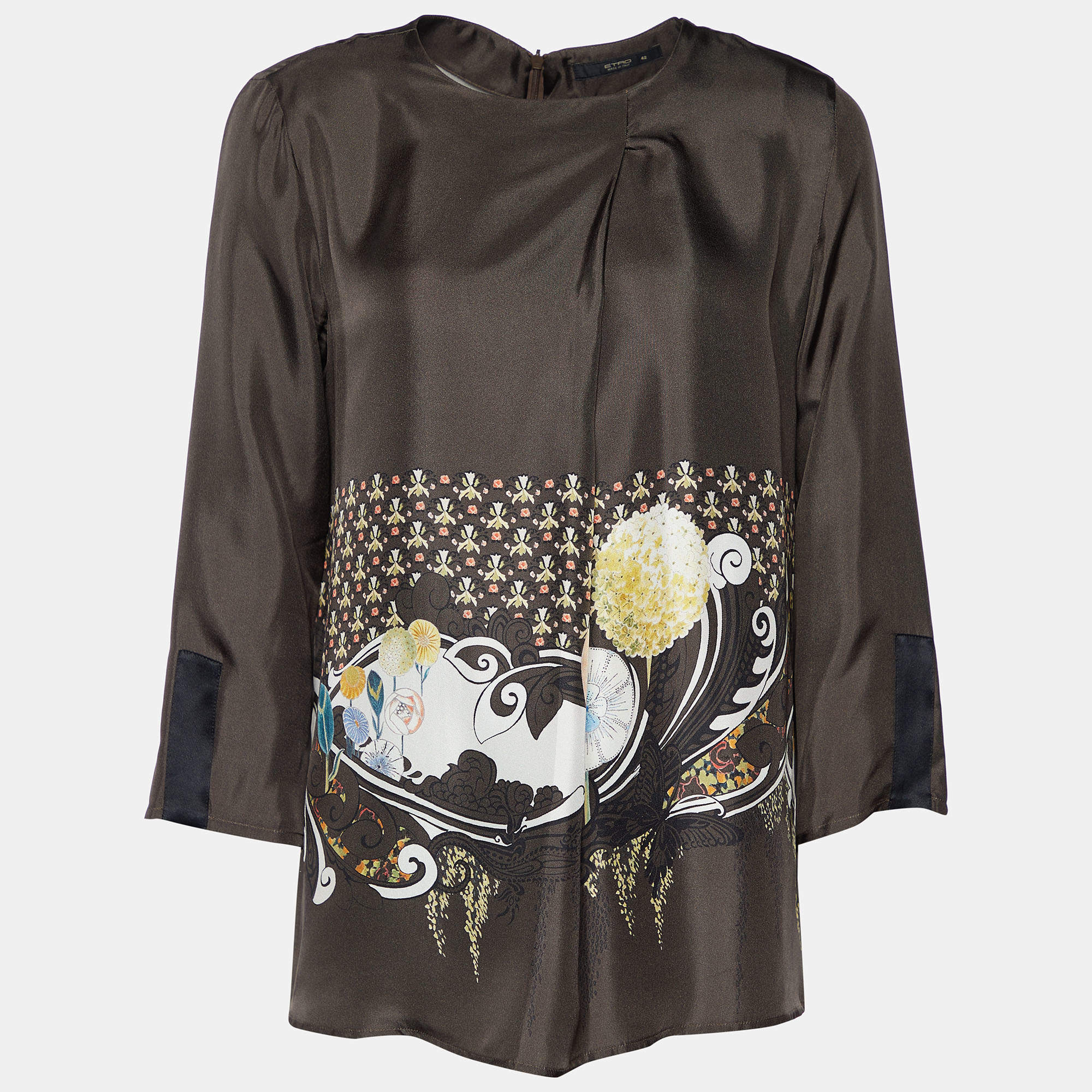Pre Owned Etro Brown Printed Silk Pleat Detail Top M