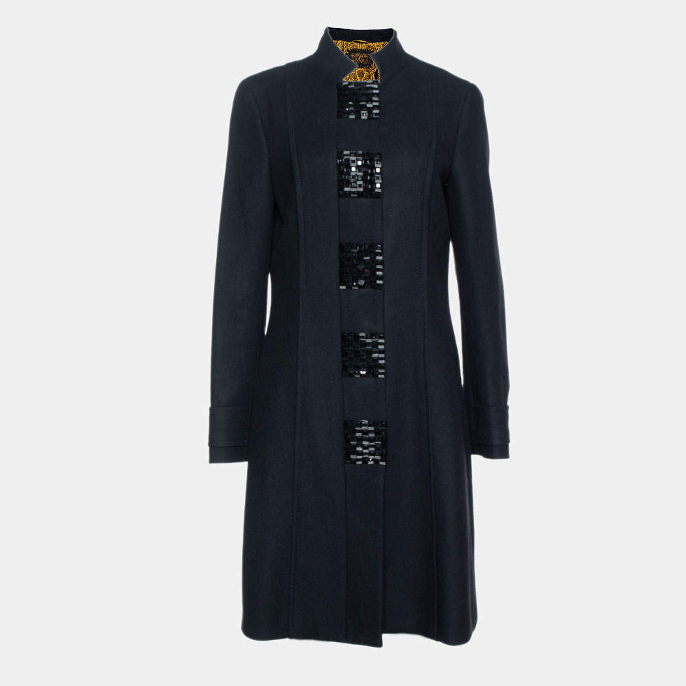 Pre Owned Etro Black Wool Embellished Detail Button Front Coat M