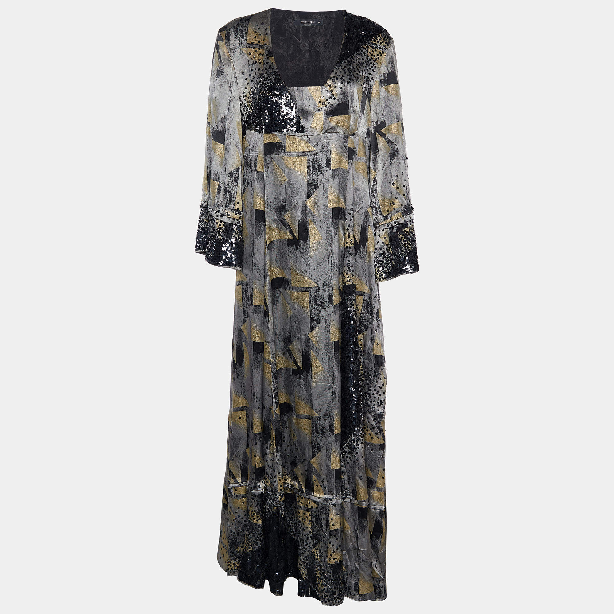Pre Owned Etro Grey Printed Silk Sequin Embellished Maxi Dress M