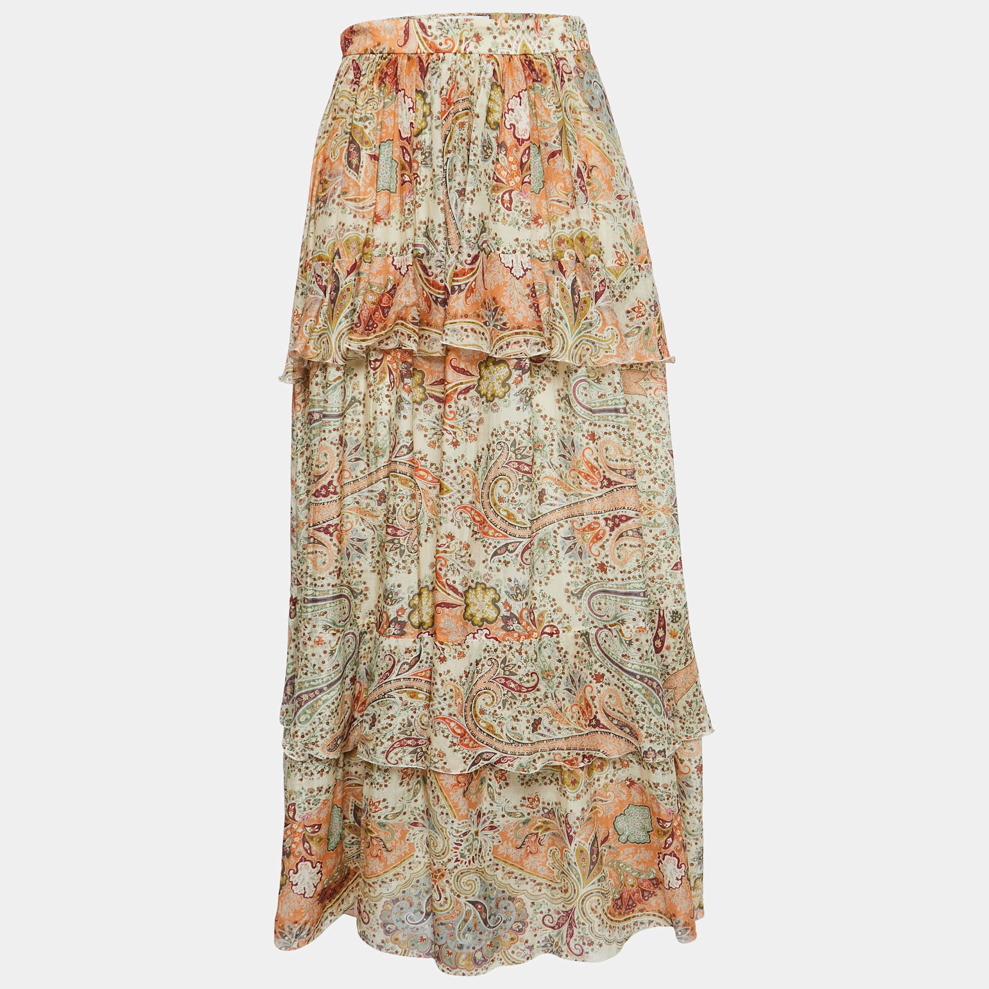 Pre Owned Etro Multicolor Paisley Printed Cotton & Silk Tiered Maxi Skirt M