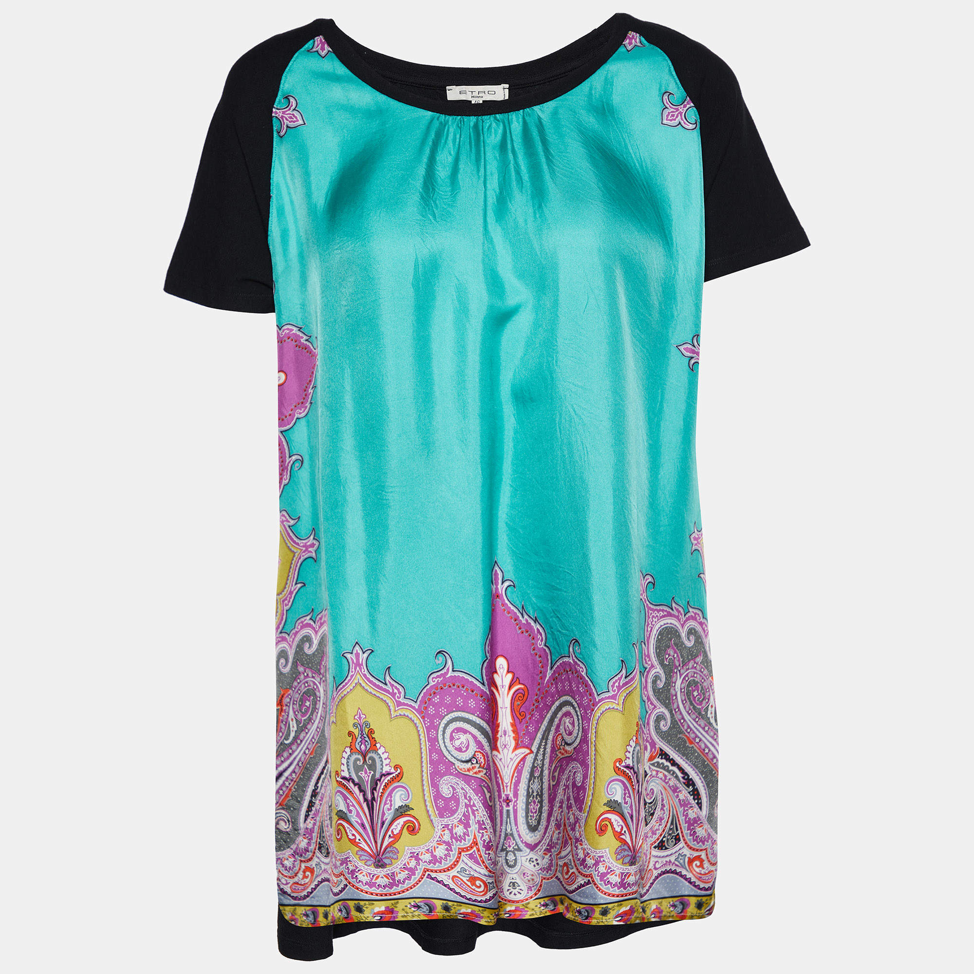 Pre Owned Etro Black Cotton Knit & Printed Silk Top L