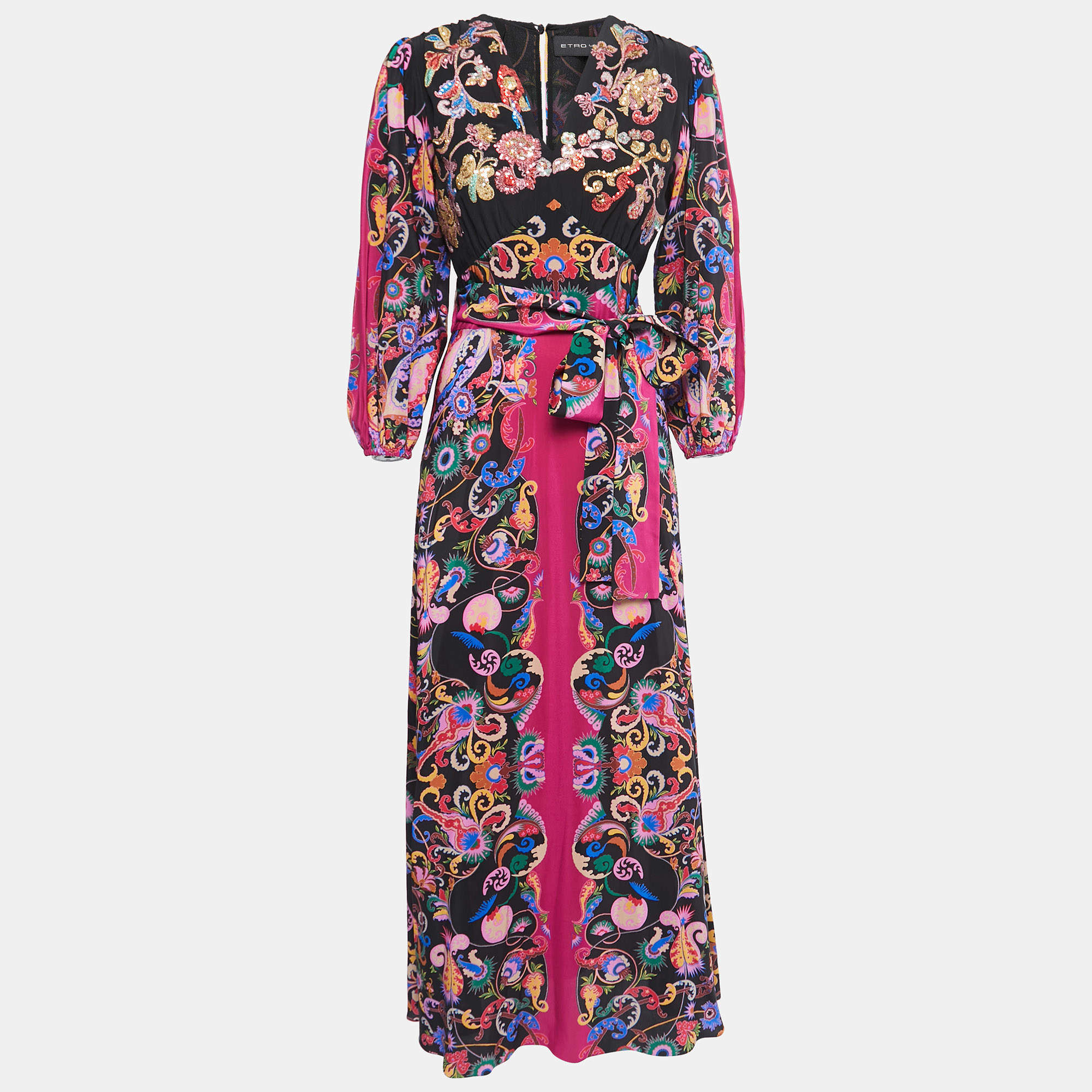 Pre Owned Etro Multicolor Sequin Embroidered & Printed Silk V-Neck Tie Detail Maxi Dress M