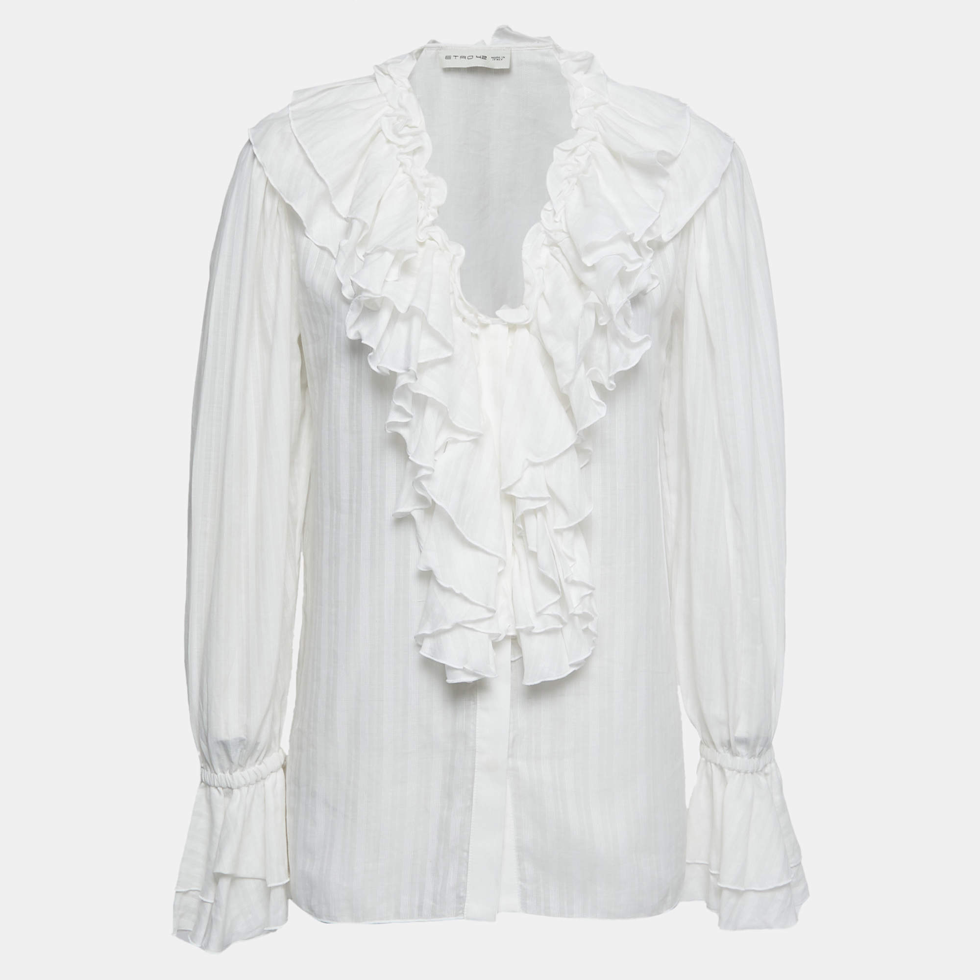 مملوكة مسبقًا Etro White Stripe Patterned Cotton Ruffled Blouse M