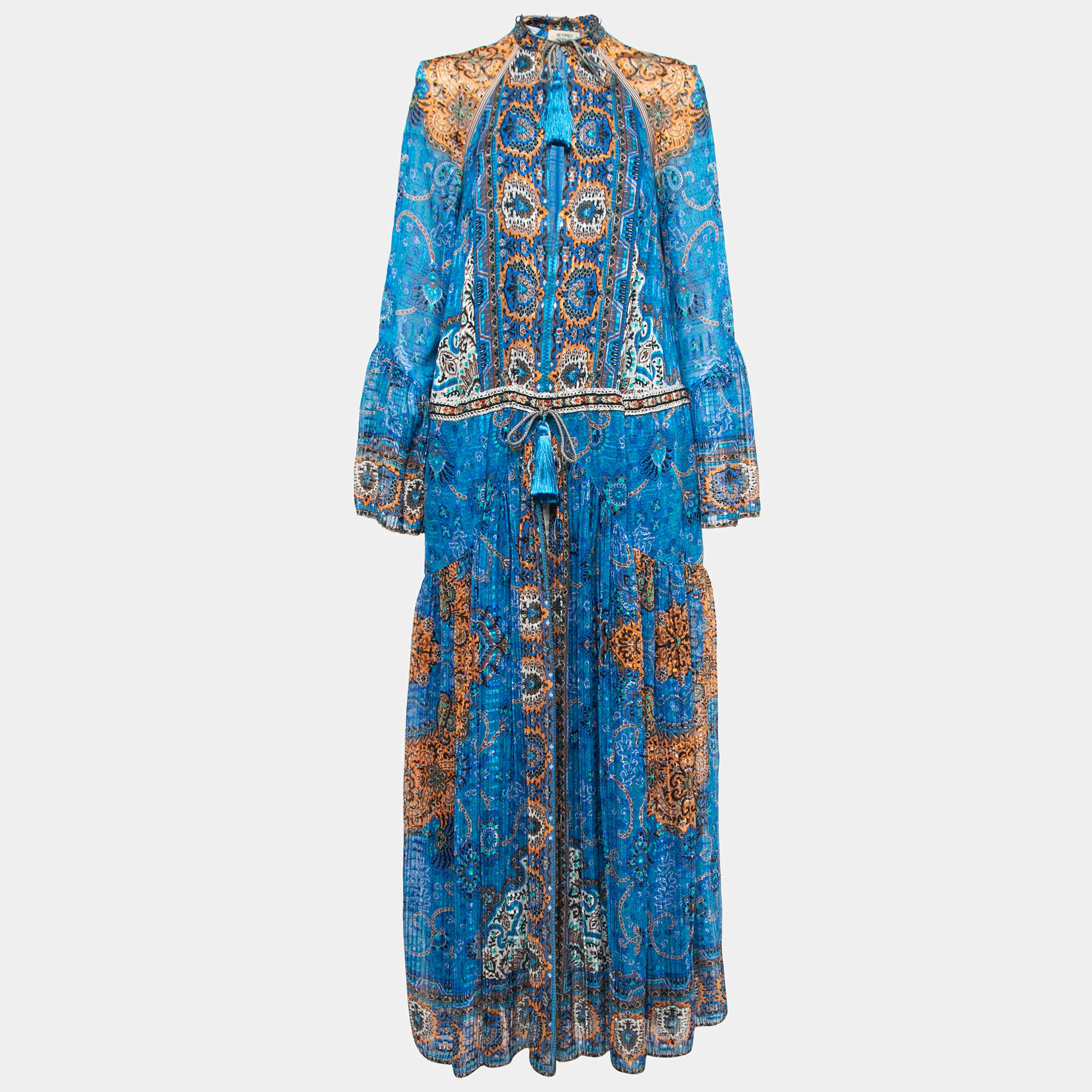Pre Owned Etro Blue Printed Silk Long Sleeve Maxi Dress M