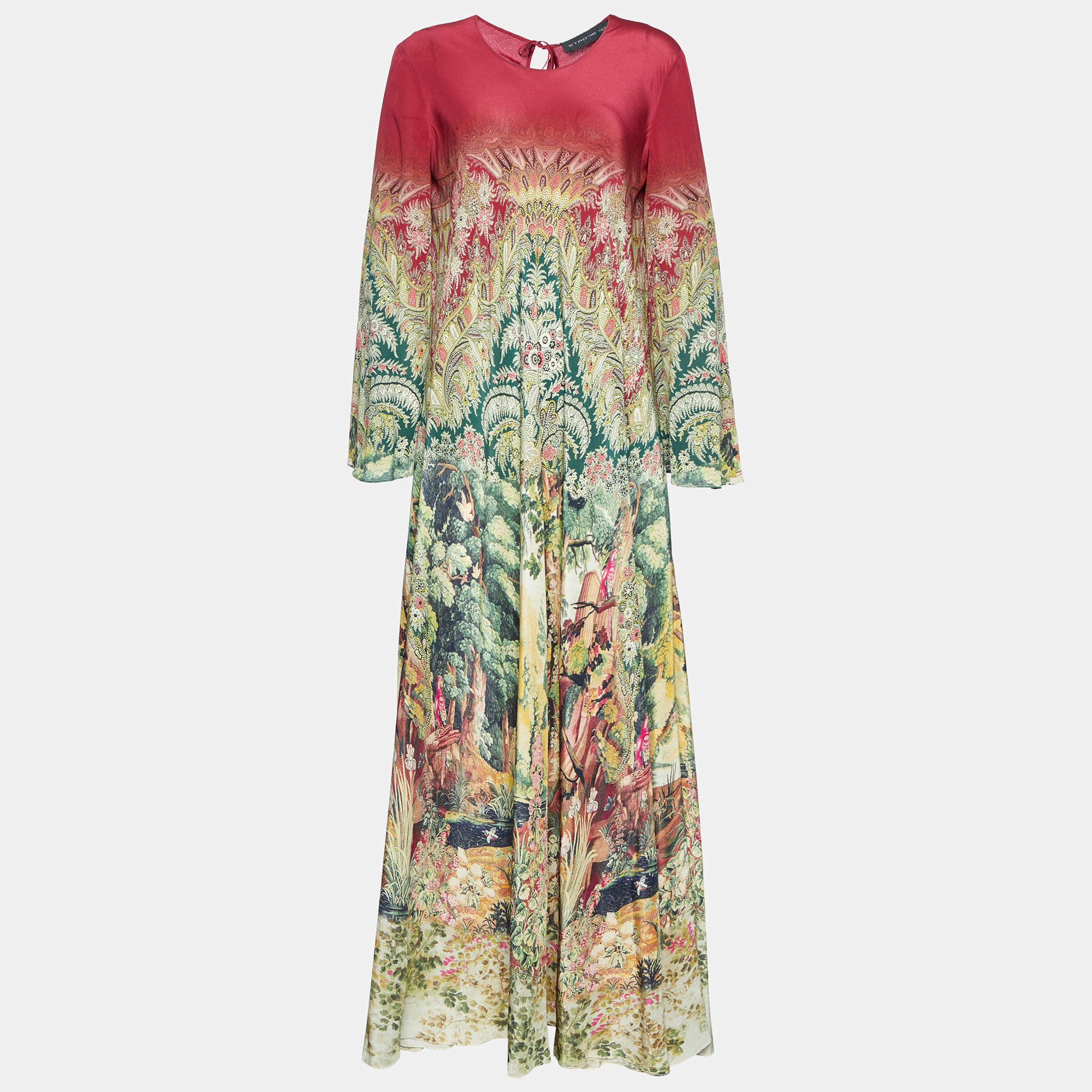 Pre Owned Etro Burgundy Printed Silk Bell Sleeve Maxi Dress L