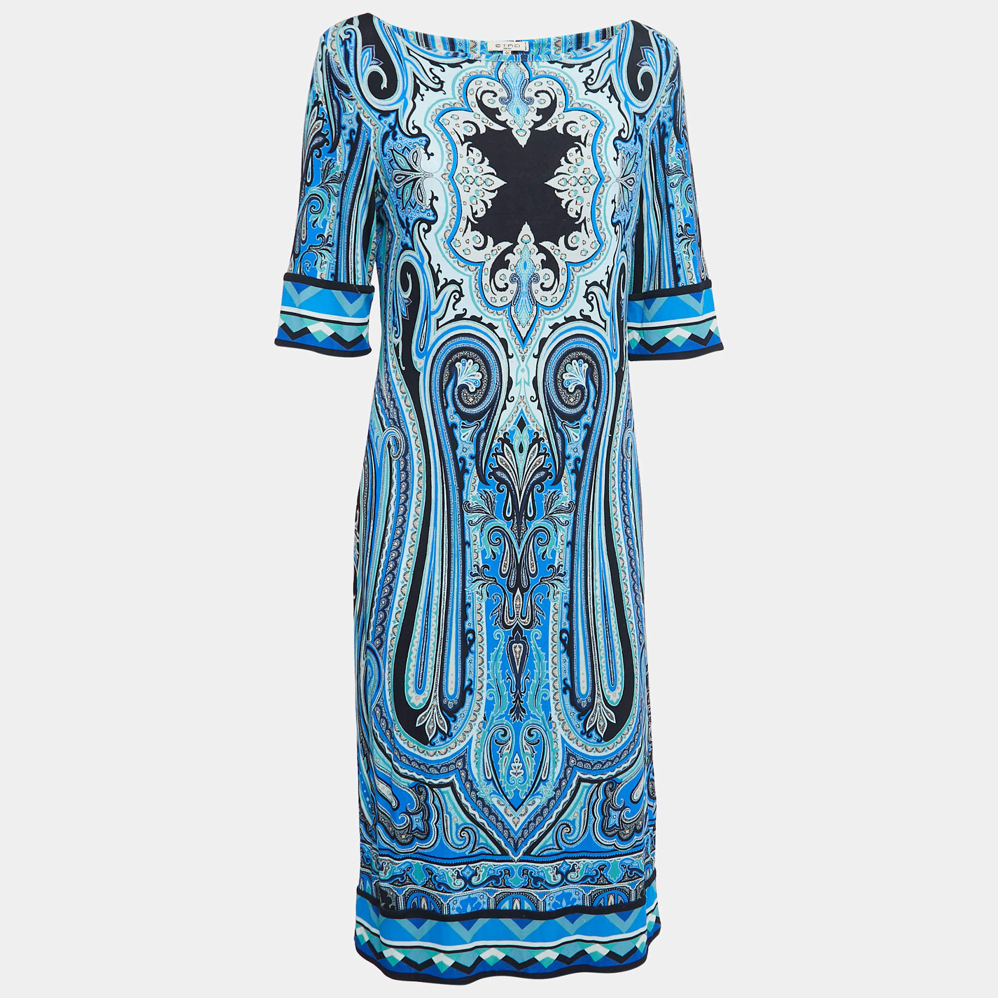 Pre Owned Etro Blue Printed Jersey Midi Dress L