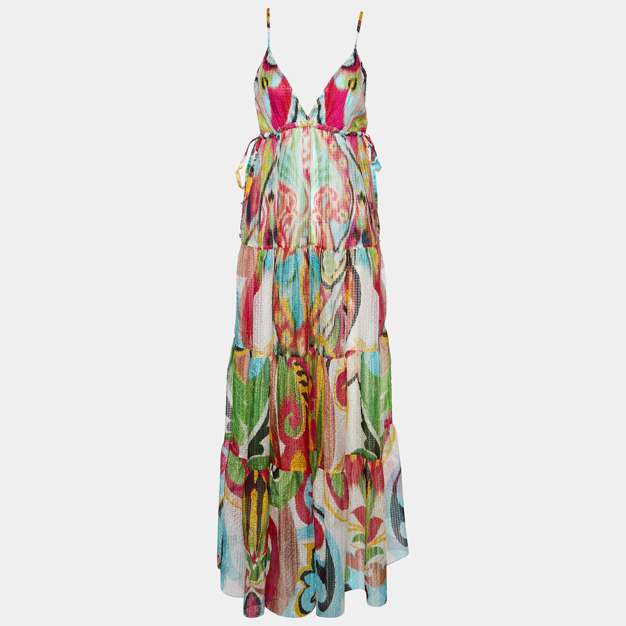 Pre Owned Etro Multicolor Printed Silk Sheer Tie Detail Maxi Dress S