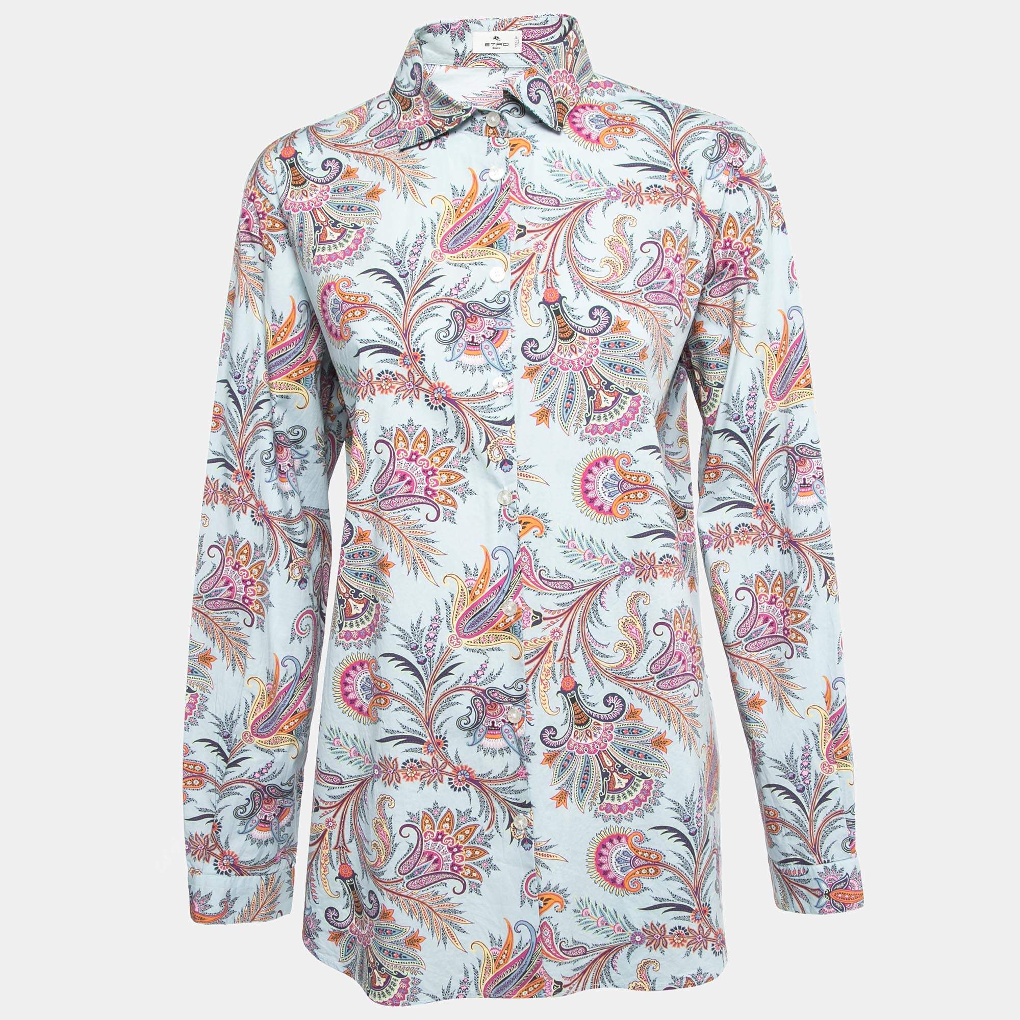 Etro Blue Printed Cotton Full Sleeve Shirt L