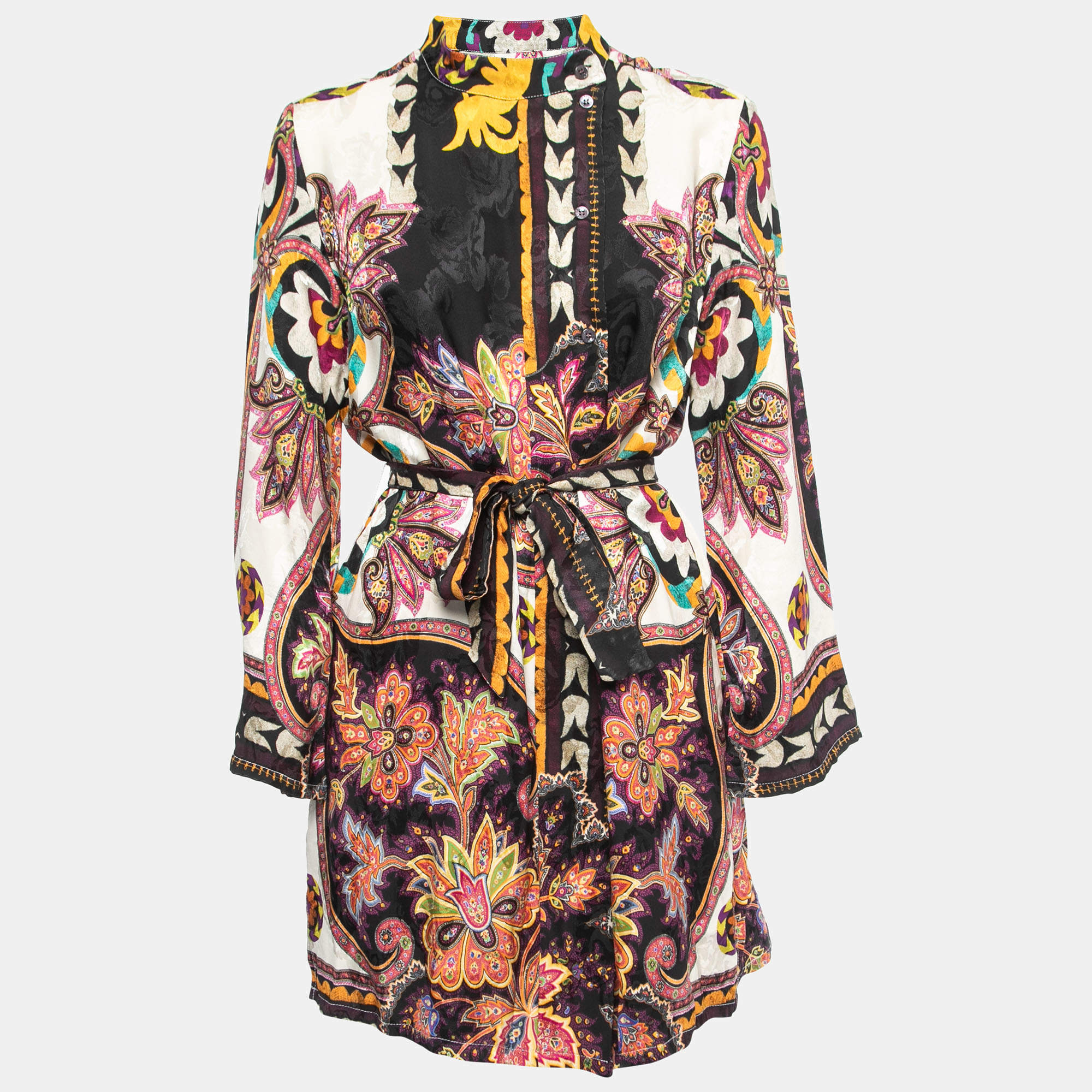 Pre Owned Etro Multicolor Printed Silk Blend Button Front Mini Belted Shirt Dress M