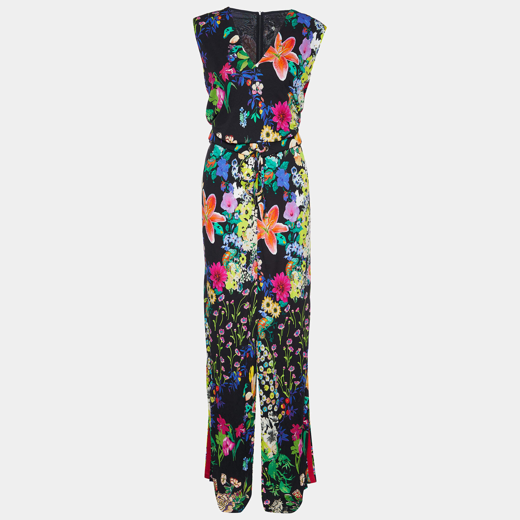 Pre Owned Etro Multicolor Floral Printed Jersey Belted Sleeveless Jumpsuit M