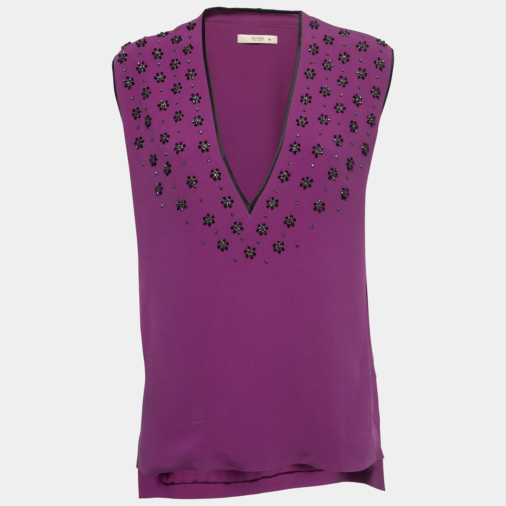 مملوكة مسبقًا Etro Purple Crepe Beads Embellished V-Neck Sleeveless Blouse M