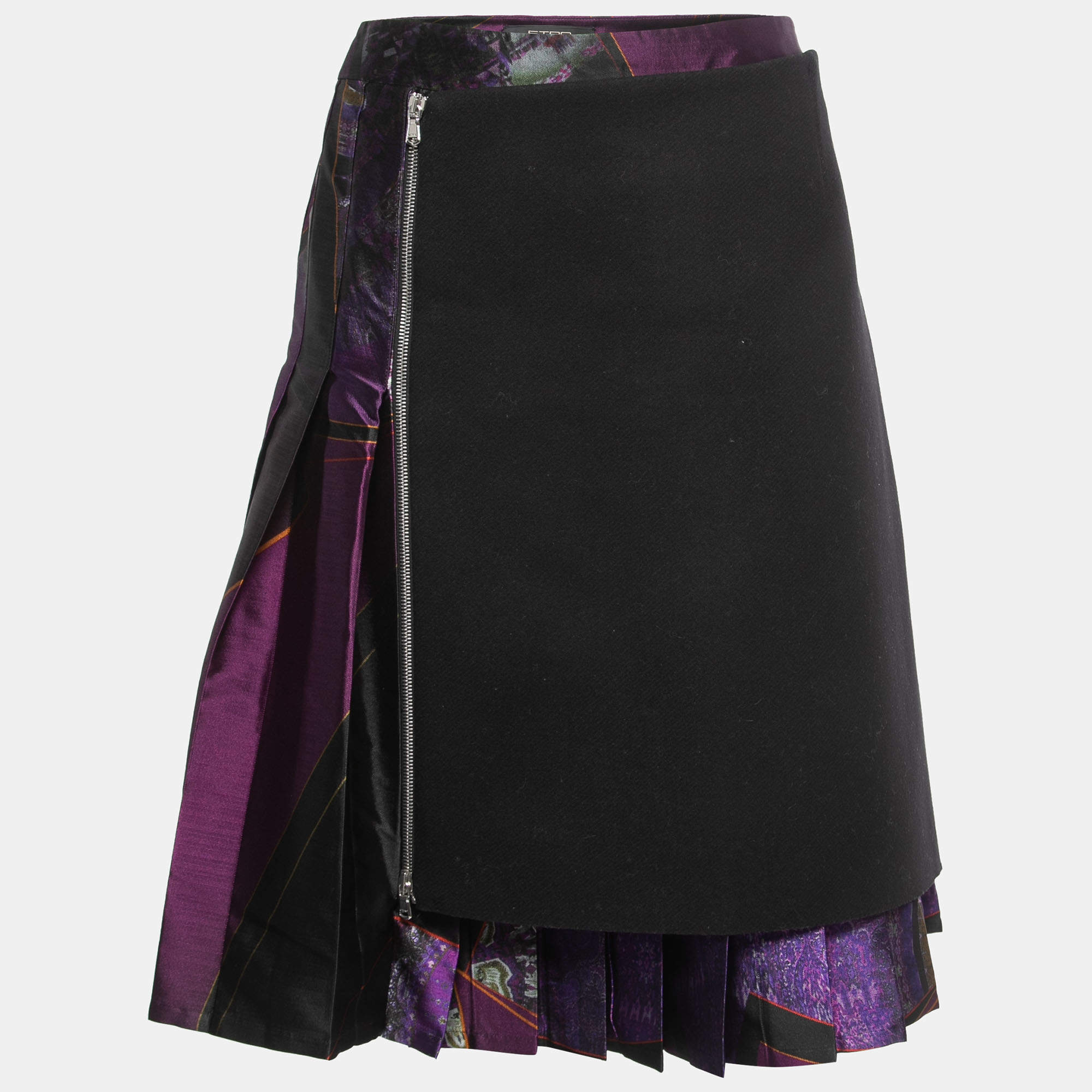 Pre Owned Etro Black/Purple Printed Silk & Wool Pleated Overlap Detail Knee Length Skirt L