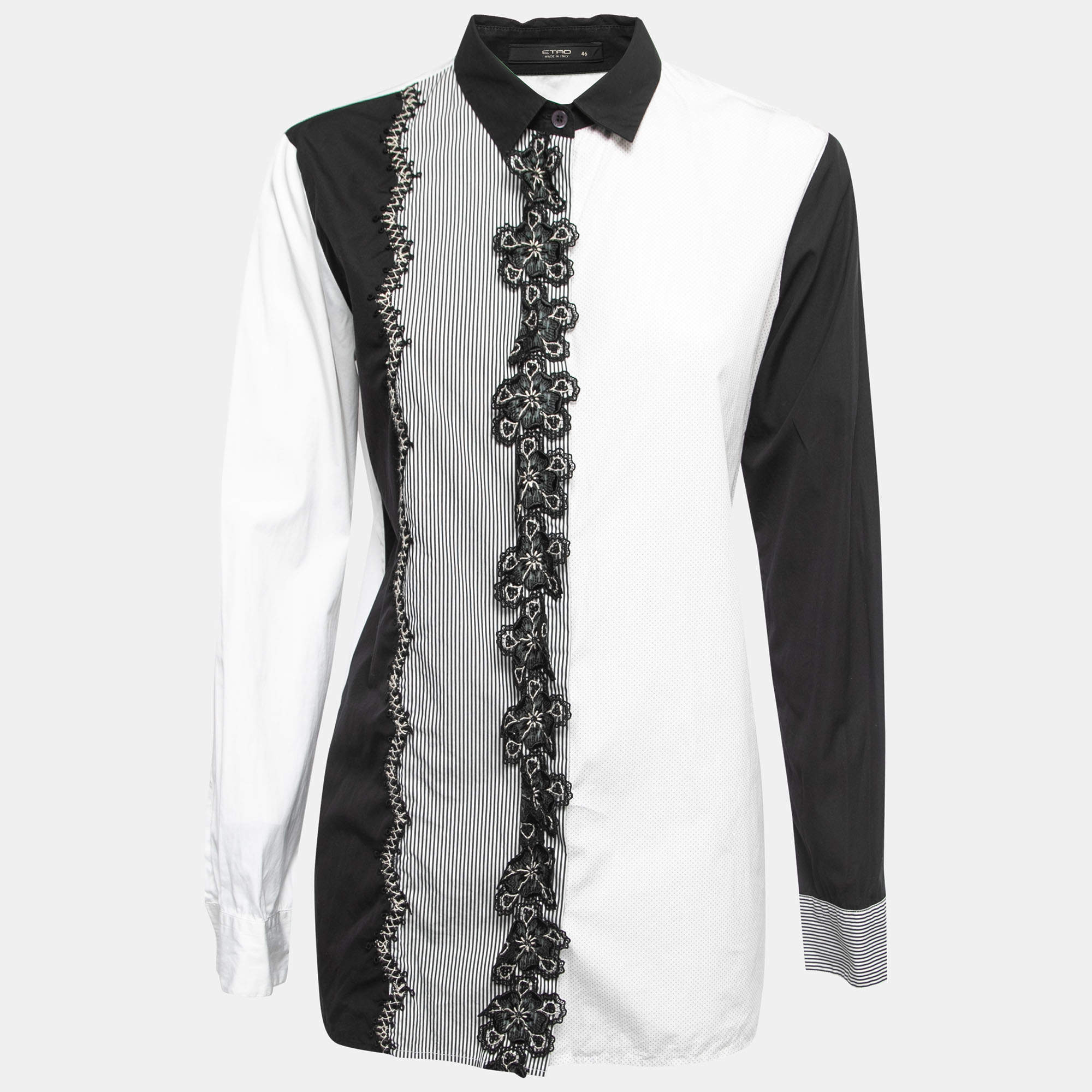 Etro White/Black Dotted Cotton Floral Lace Trimmed Button Front