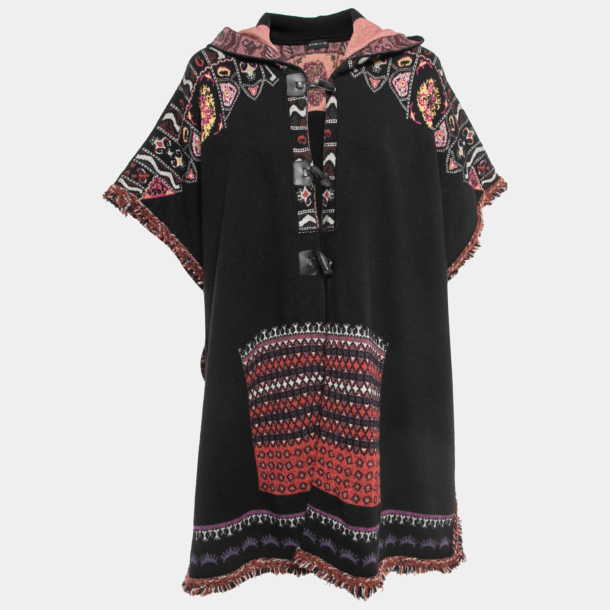Pre Owned Etro Black/Multicolor Patterned Wool Fringed Hooded Poncho M