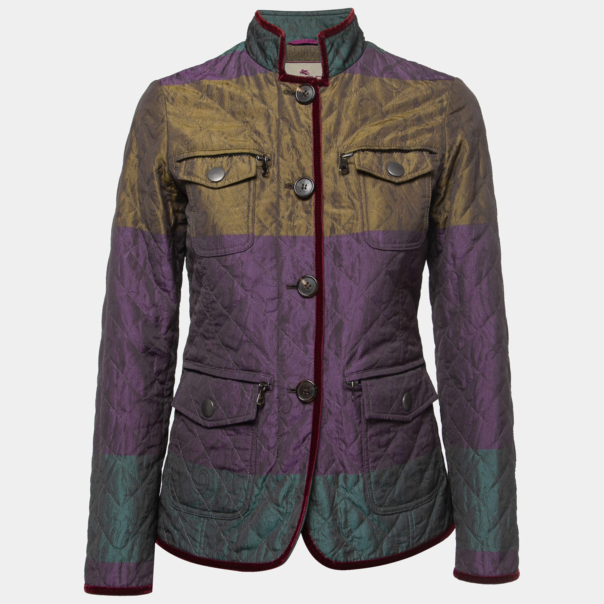 Pre Owned Etro Multicolor Jacquard Quilted Velvet Trimmed Jacket S