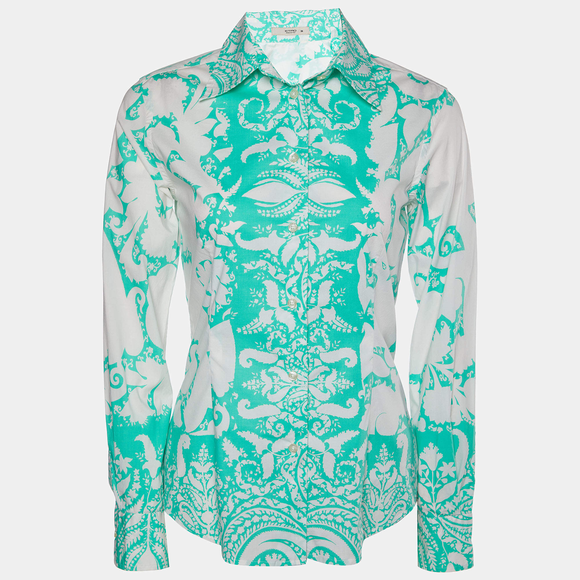 Pre Owned Etro White & Green Printed Cotton Button Front Shirt S