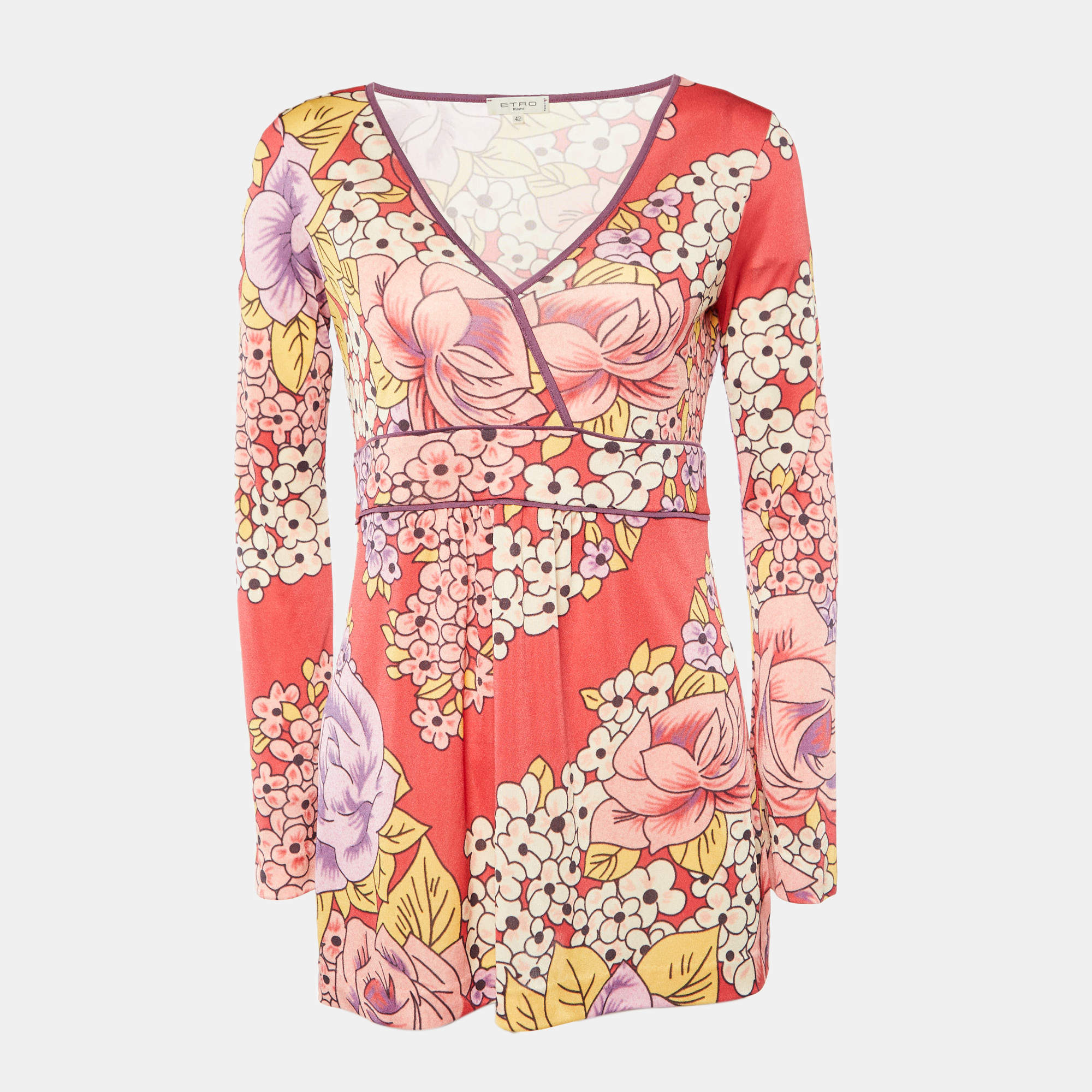Pre Owned Etro Pink Floral Print Knit Long Sleeve Tunic Top M