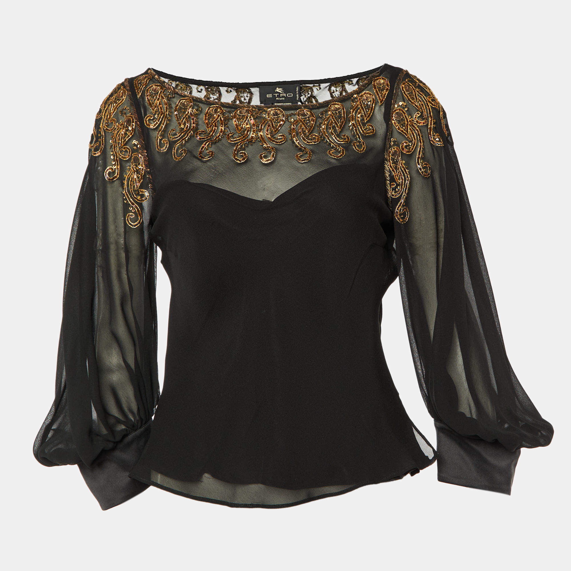 Pre Owned Etro Black Embellished Silk Long Sleeve Blouse M