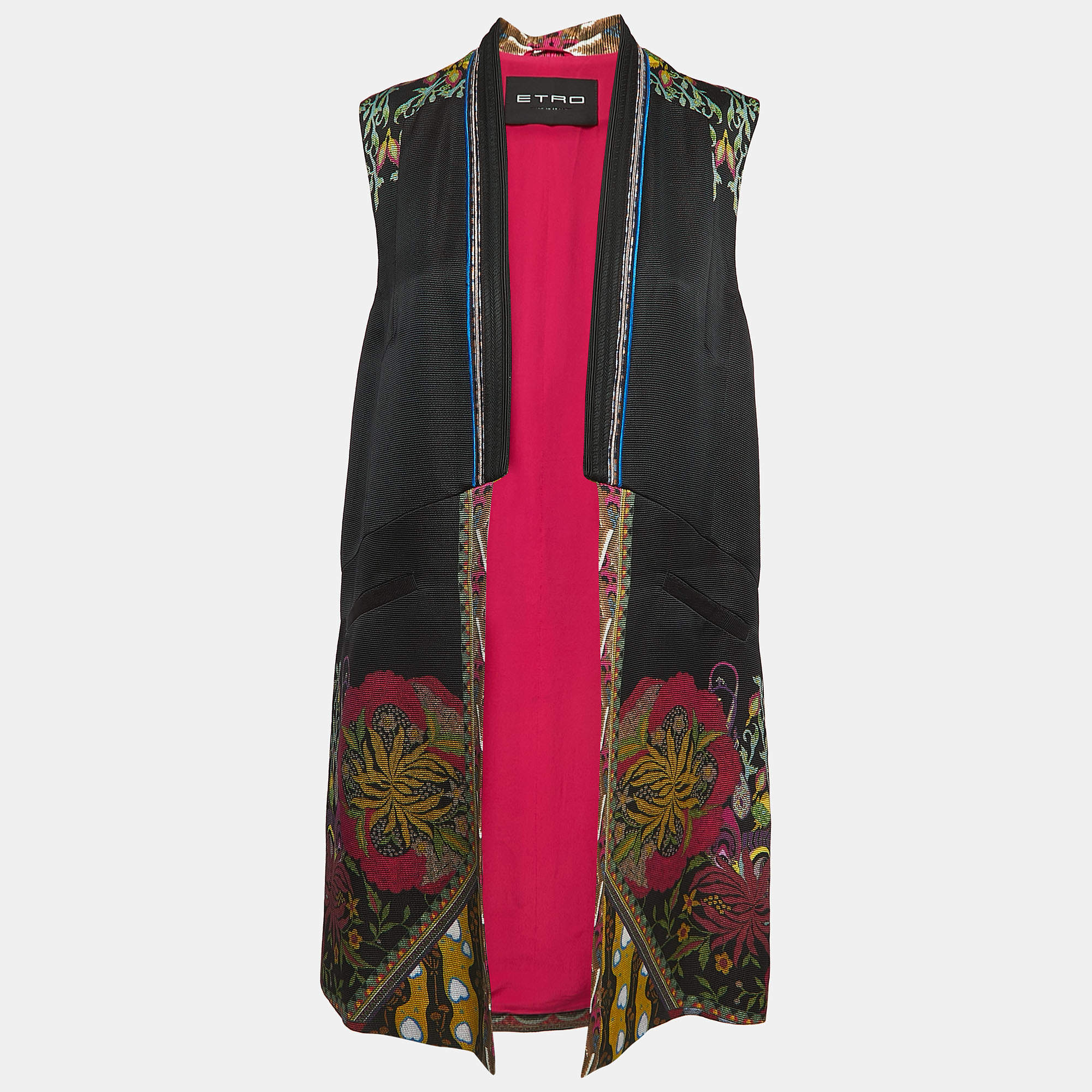 Pre Owned Etro Black Floral Jacquard Sleeveless Open Front Coat M