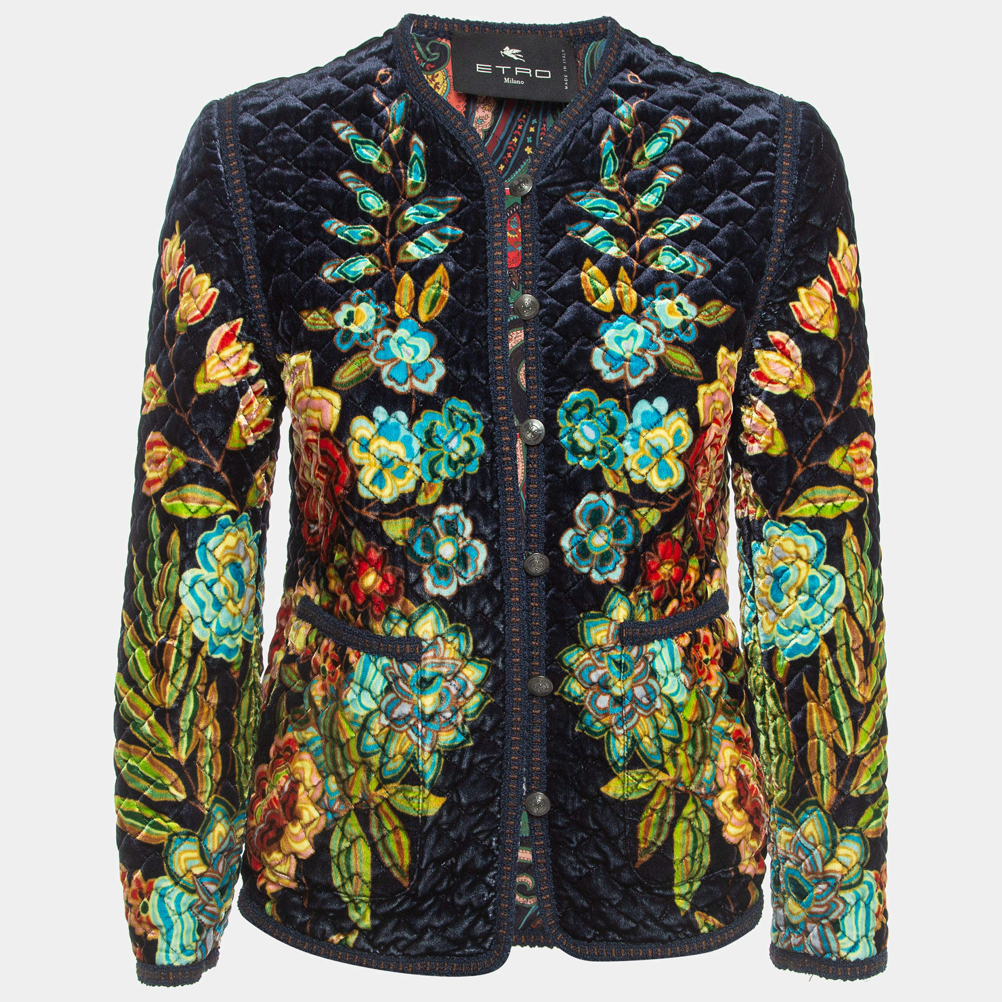 Pre Owned Etro Navy Blue Floral Print Velvet Quilted Jacket S
