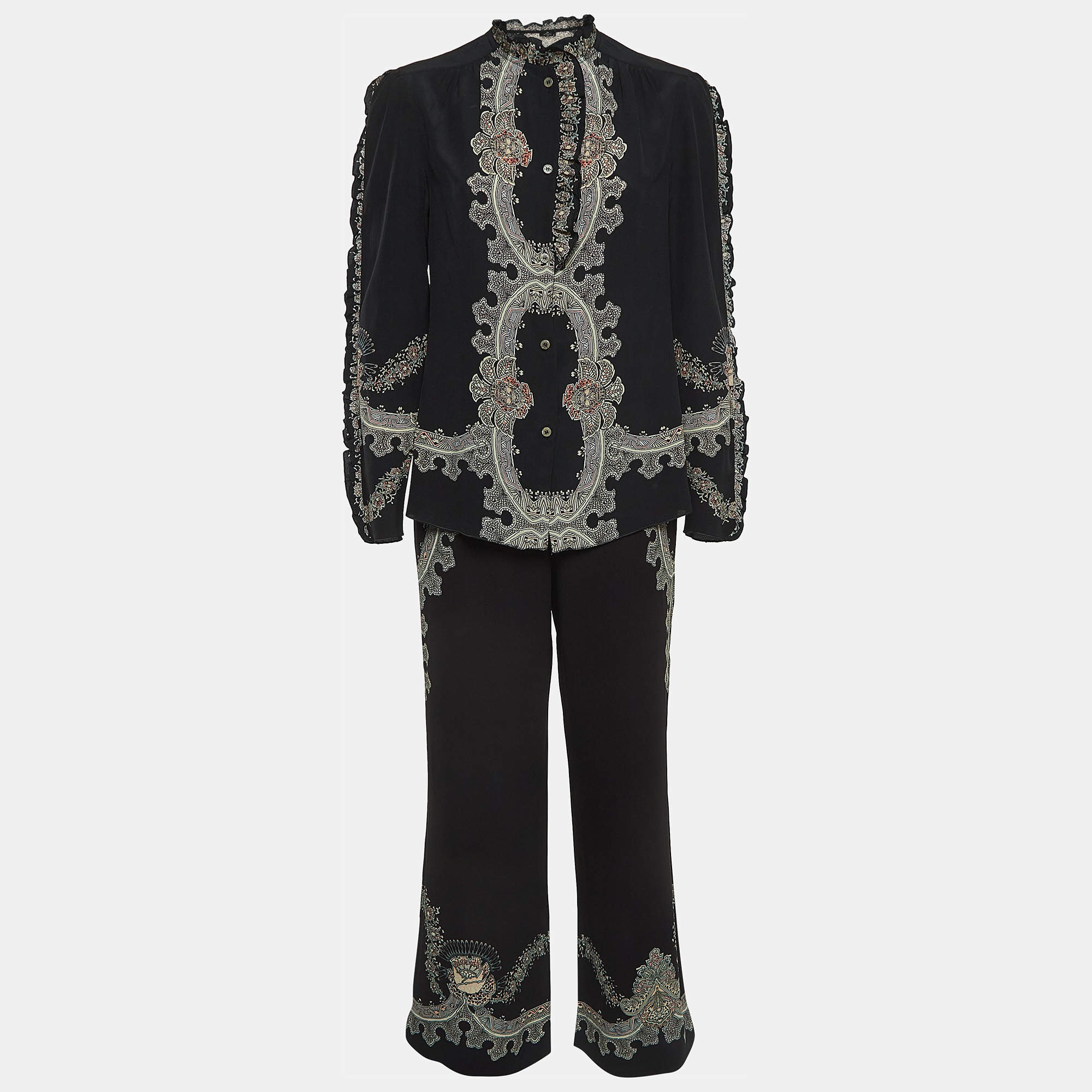 Pre Owned Etro Black Floral Print Silk and Crepe Ruffled Shirt and Trouser Set S