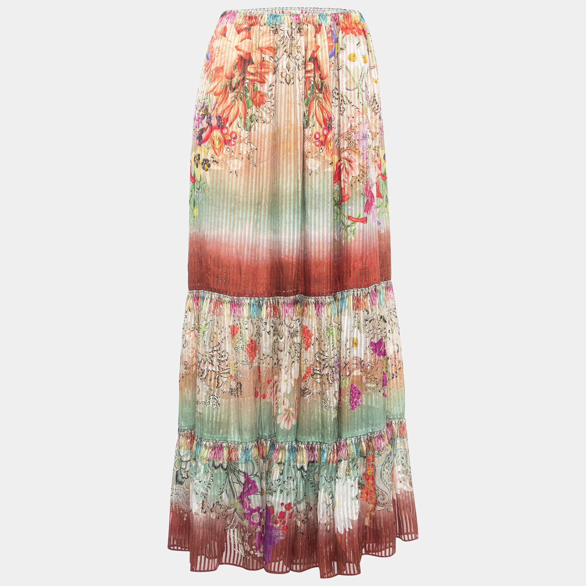 Etro Multicolor Floral Print Metallic Silk Blend Tiered Maxi Skirt M