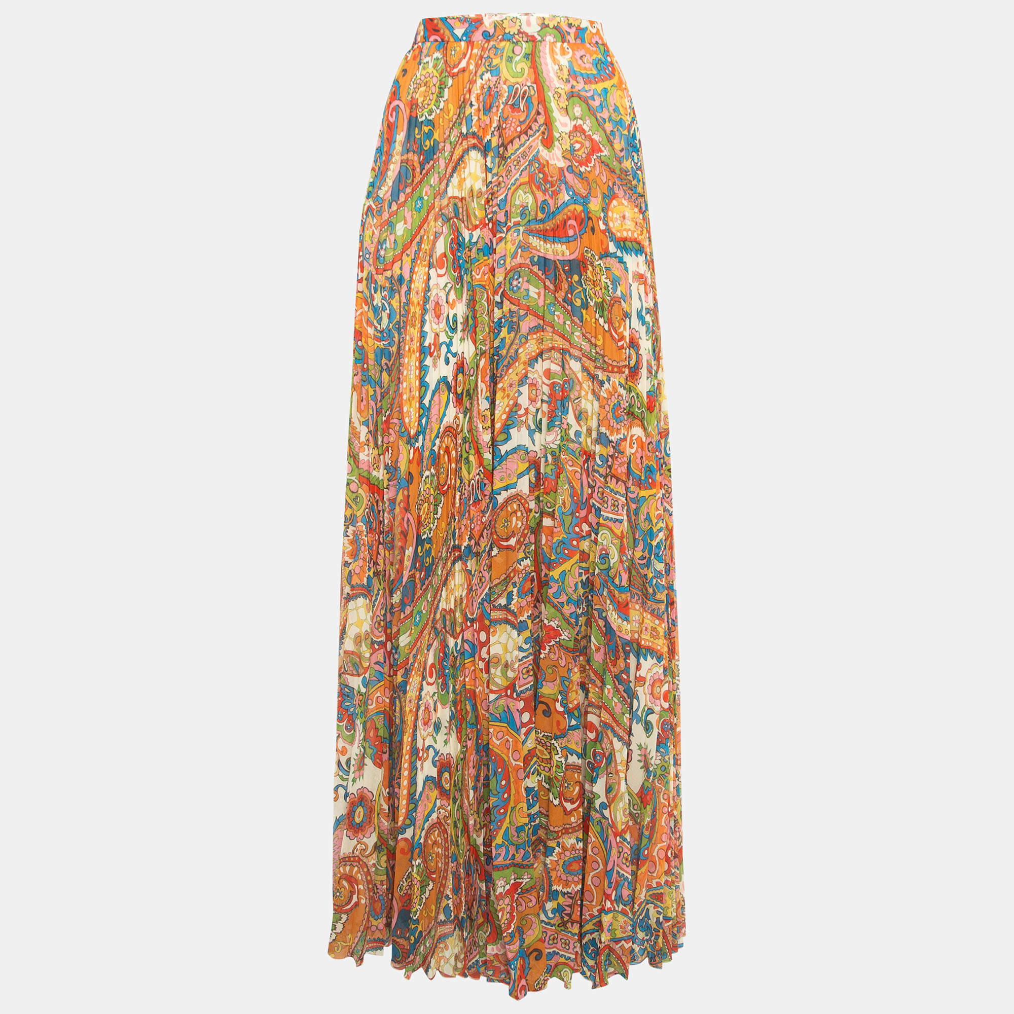 Pre Owned Etro Multicolor Paisley Print Crepe Pleated Maxi Skirt M