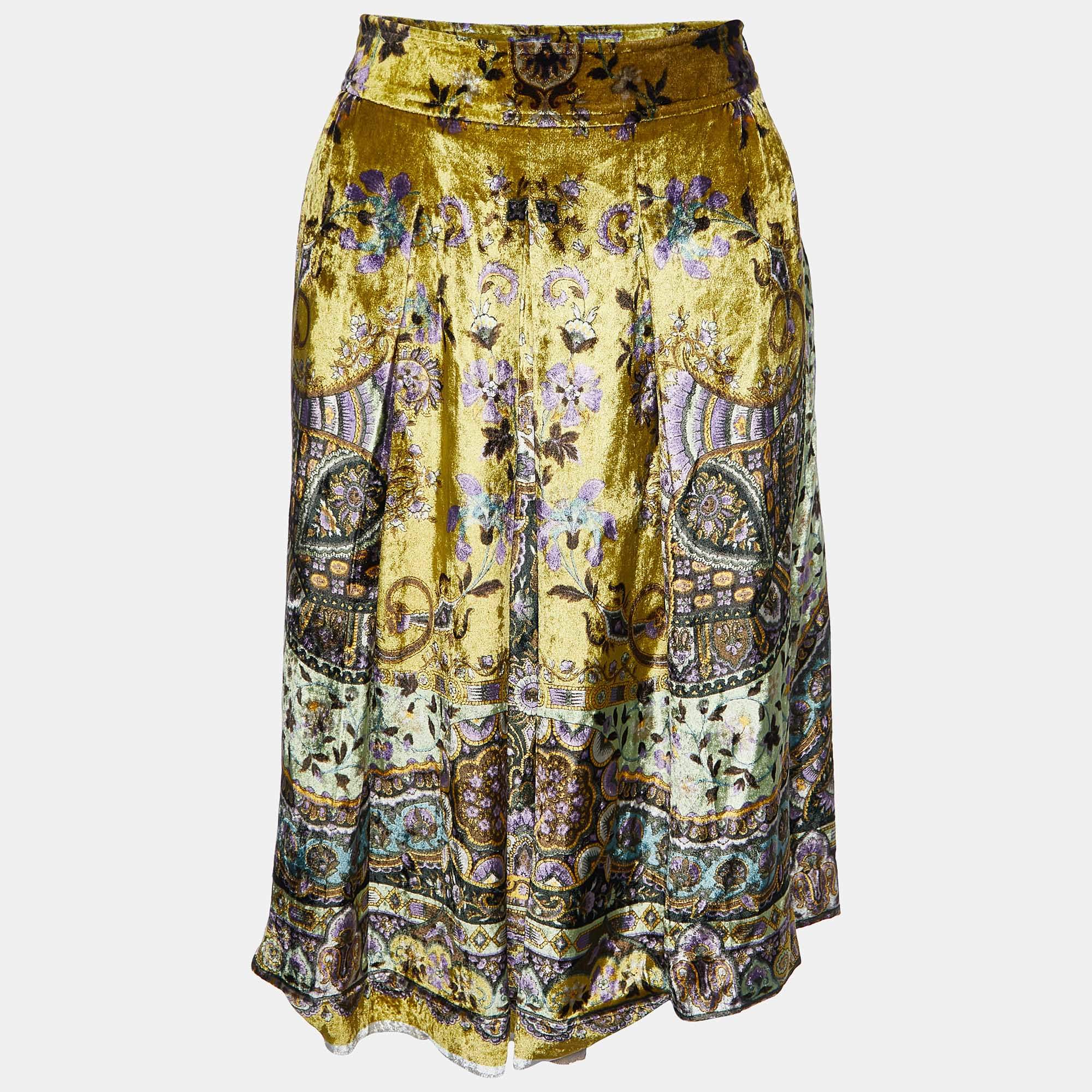 Etro Mustard Yellow Floral Print Velvet Pleated Skirt M