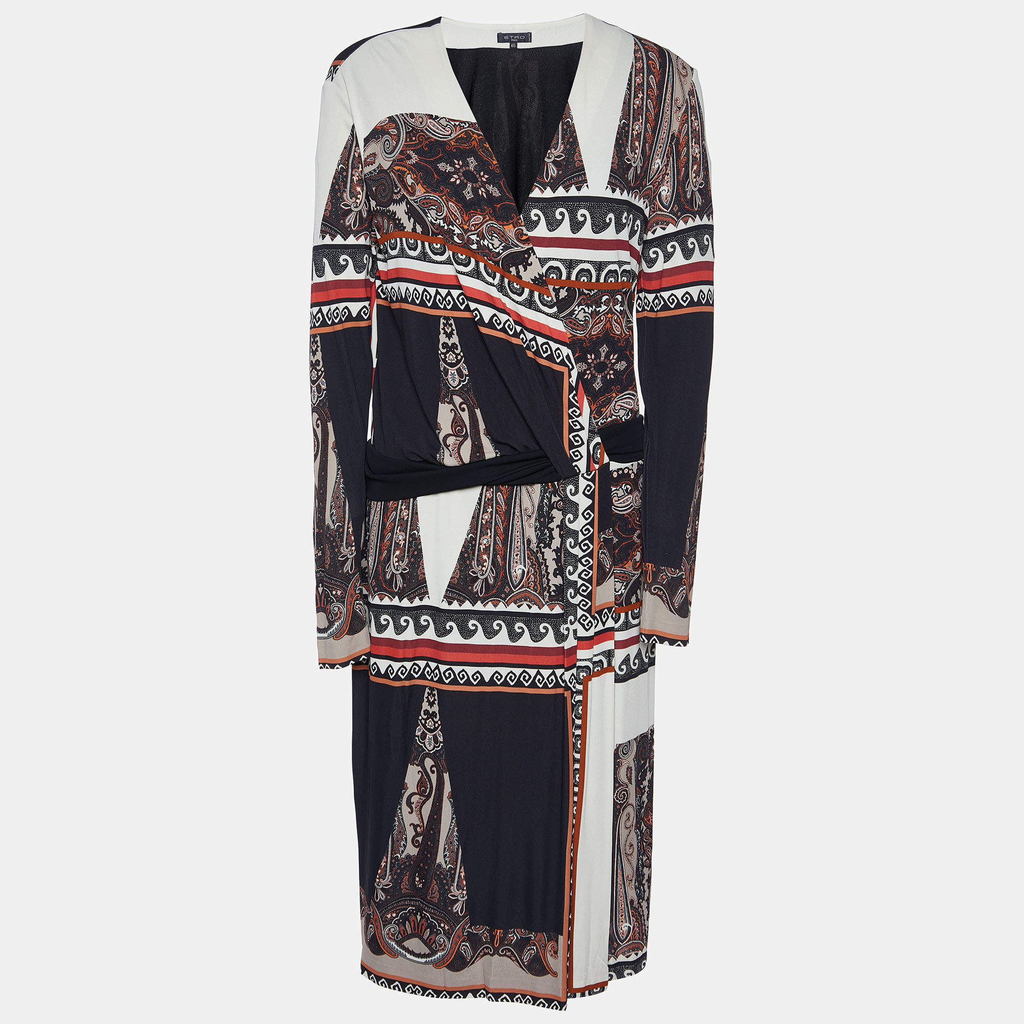Pre Owned Etro Black Paisley Print Jersey Faux Wrap Midi Dress L