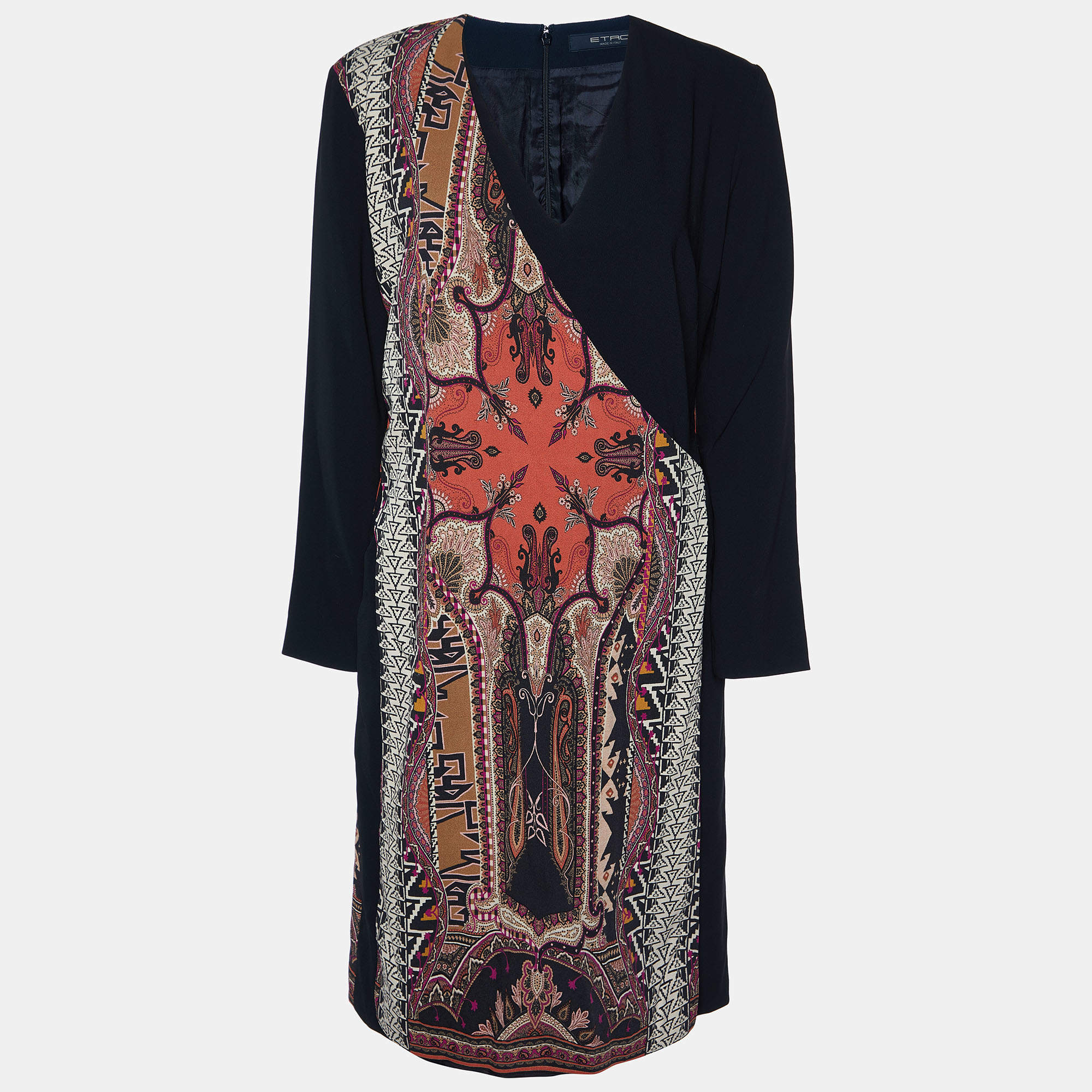 Pre Owned Etro Black Wool Paisley Print Overlay Knee-Length Dress L