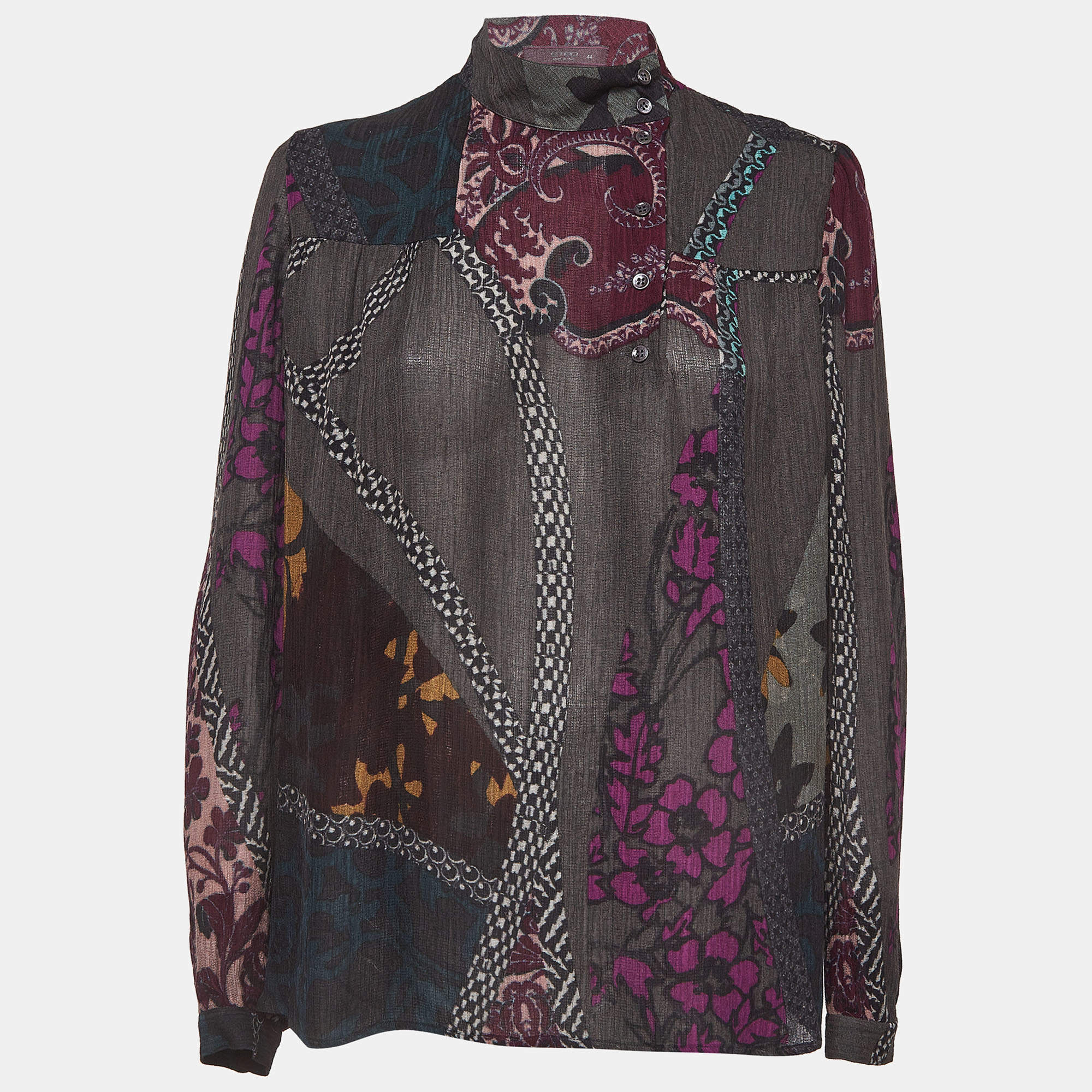 Pre Owned Etro Multicolor Floral Print Crepe Half Placket Shirt M
