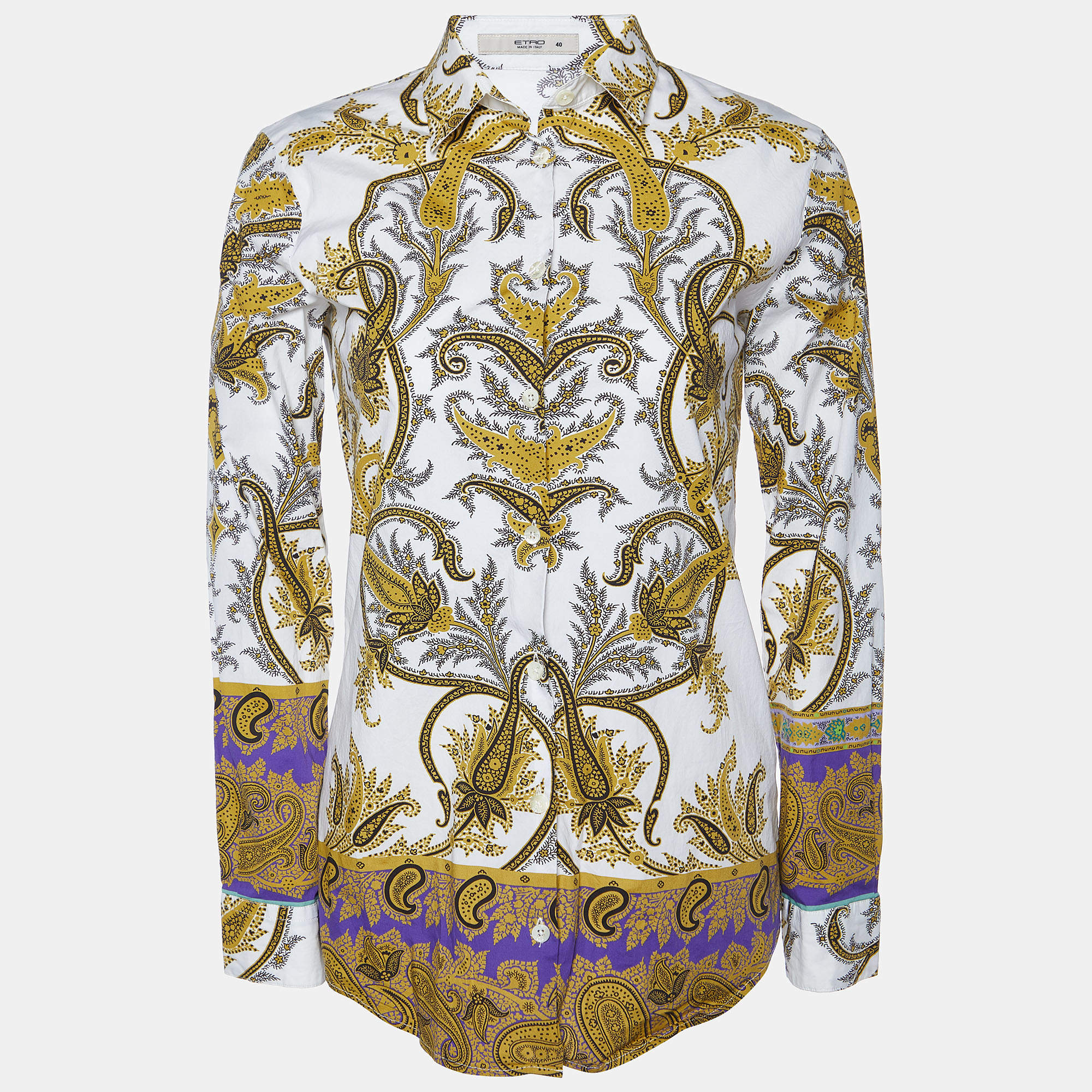 Pre Owned Etro White/Yellow Paisley Print Cotton Button Front Shirt S