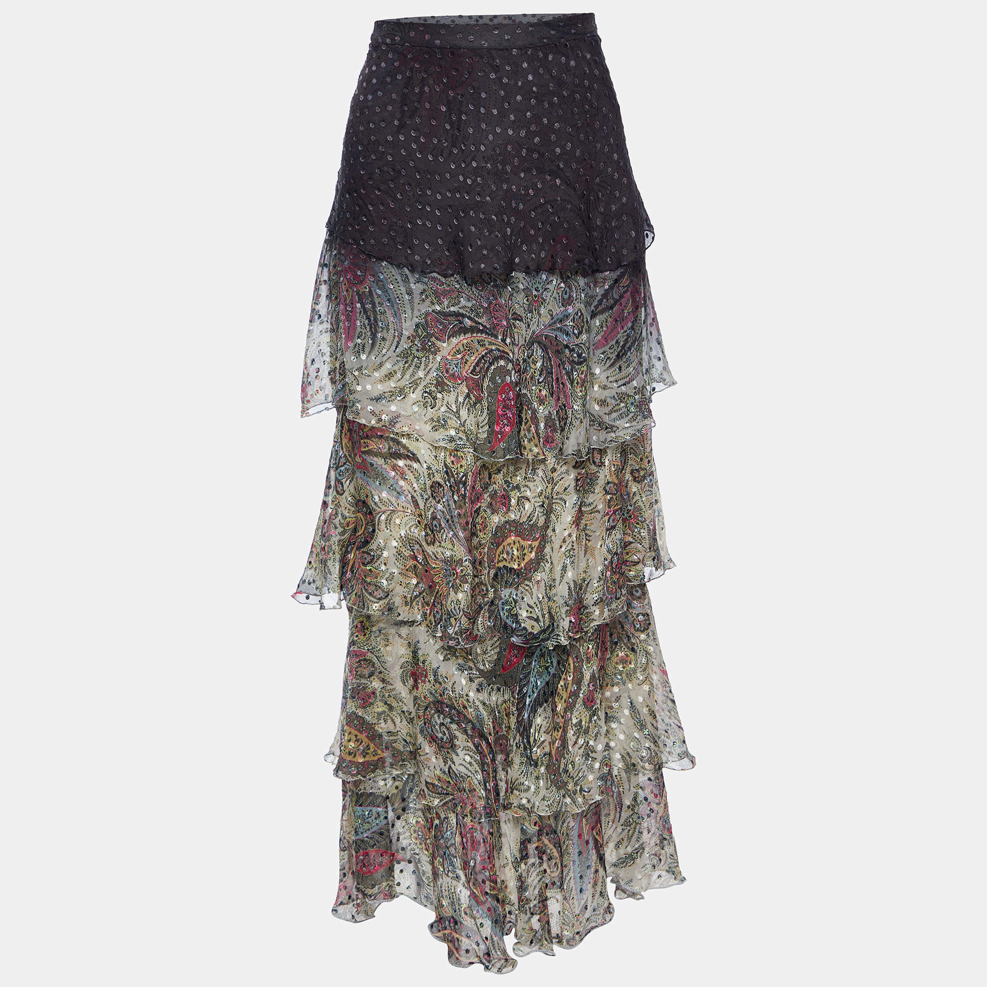 Pre Owned Etro Grey/Cream Ombre Paisley Print Silk Tiered Maxi Skirt L