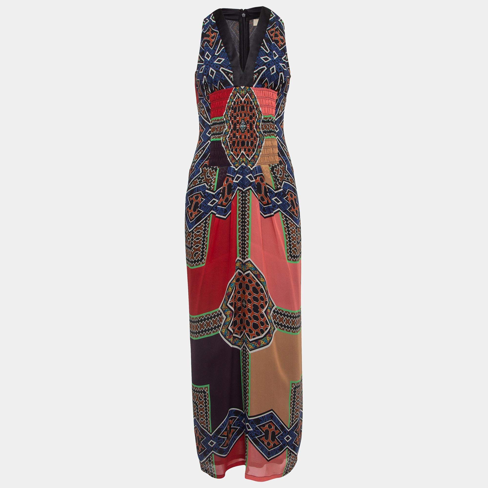 Pre Owned Etro Multicolor Print Silk Shirred Detail Sleeveless Maxi Dress M