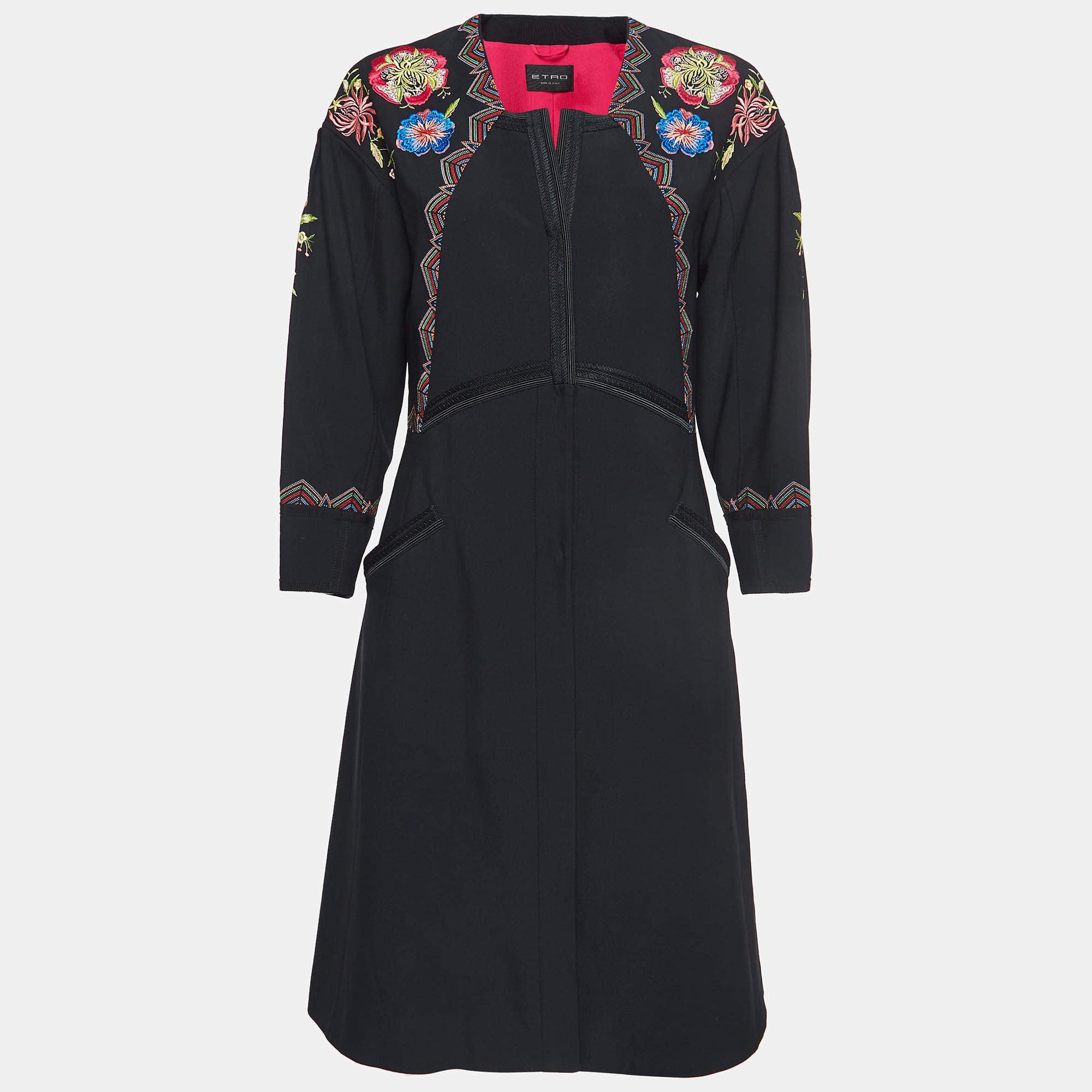 Pre Owned Etro Black Floral Embroidered Crepe Mid-Length Coat M