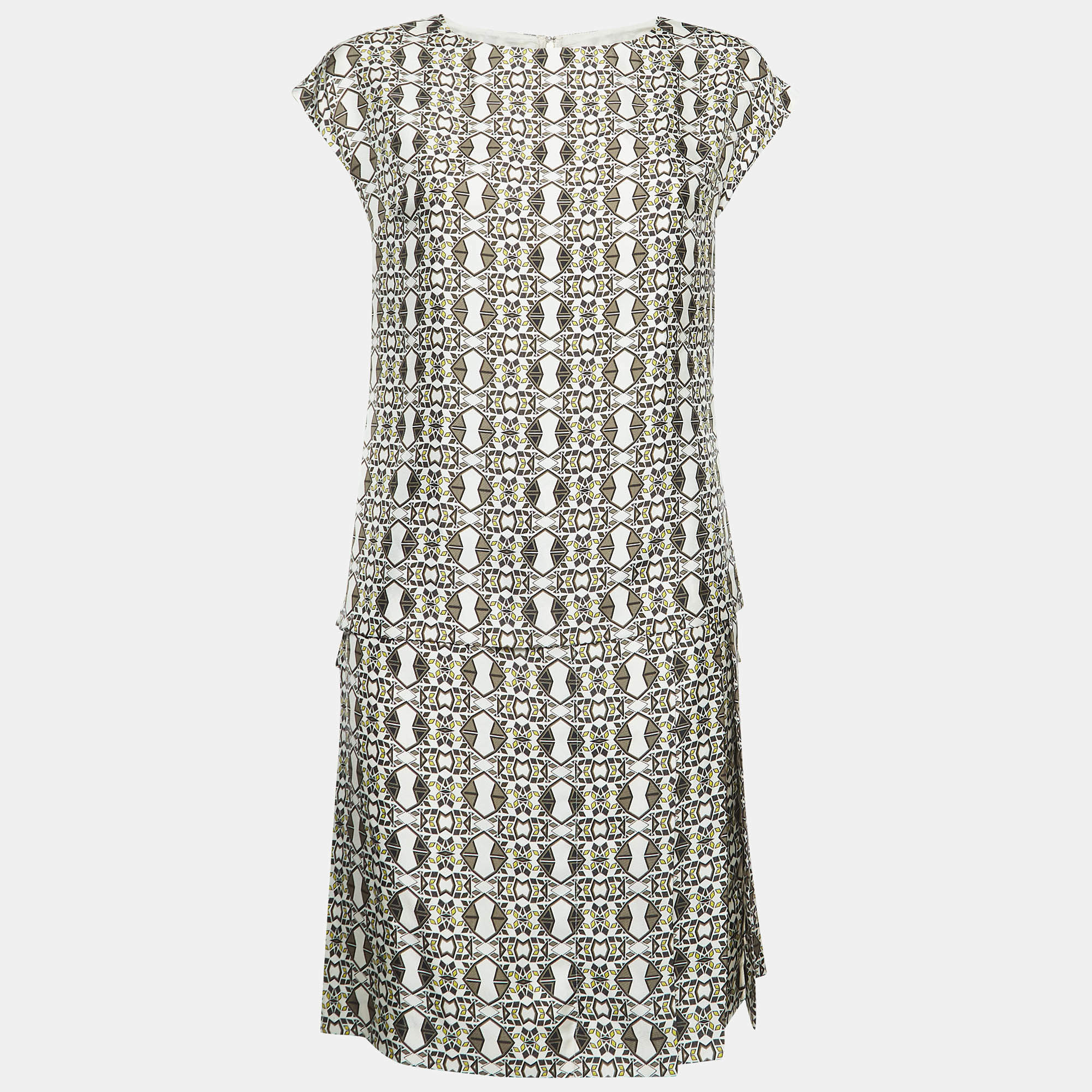 Etro Grey Geometric Print Silk Pleated Mini Dress S