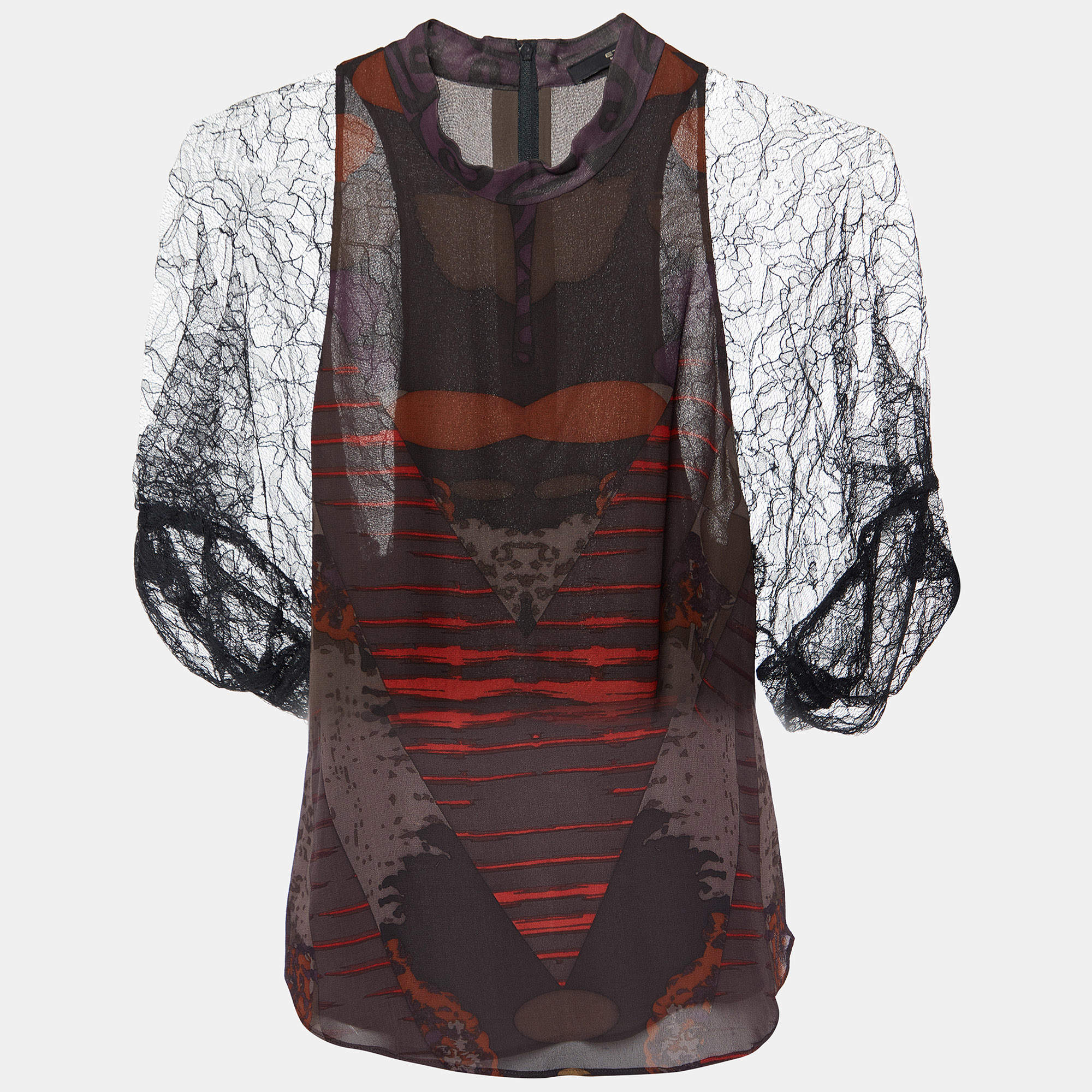 مملوكة مسبقًا Etro Black Printed Silk & Lace Mock Neck Blouse S