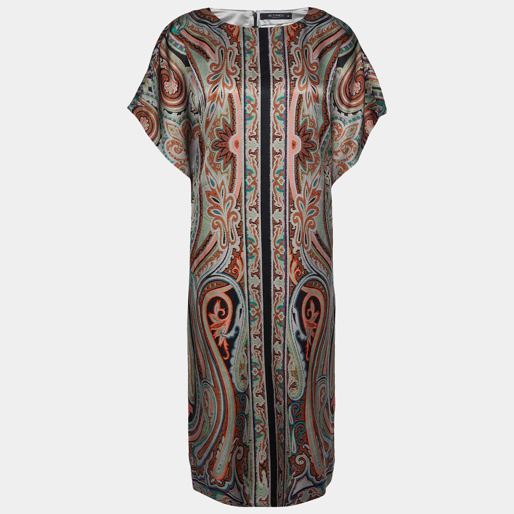 Etro Multicolor Printed Satin Midi Dress M  