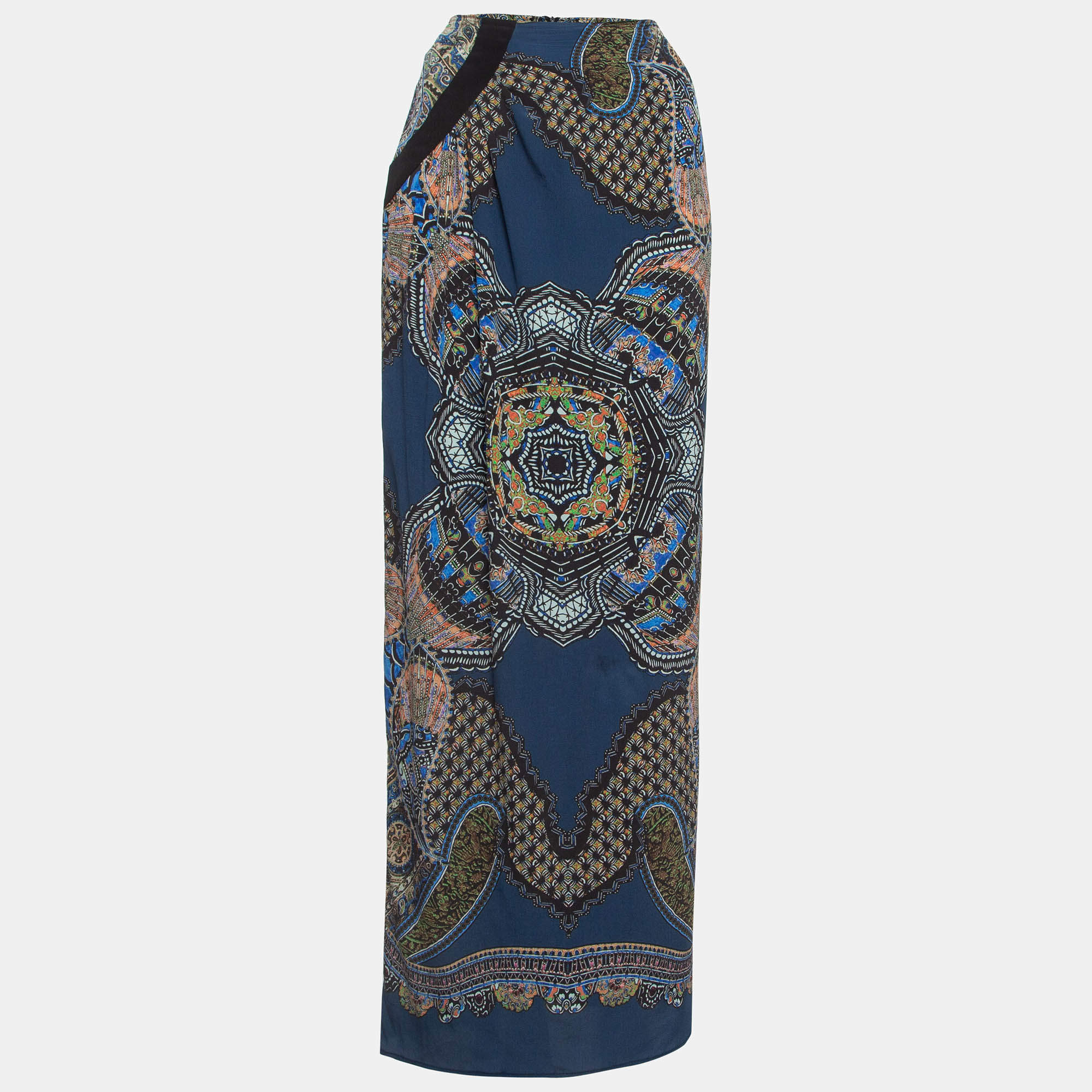 Pre Owned Etro Blue Printed Silk Flared Maxi Skirt M