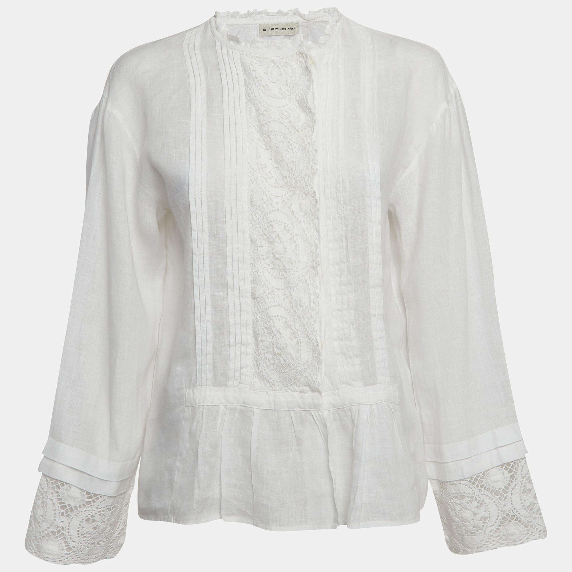Etro White Linen Lace Trim Detail Top S