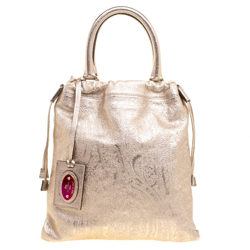 Pre Owned Etro Metallic Gold Paisley Embossed Leather Tote
